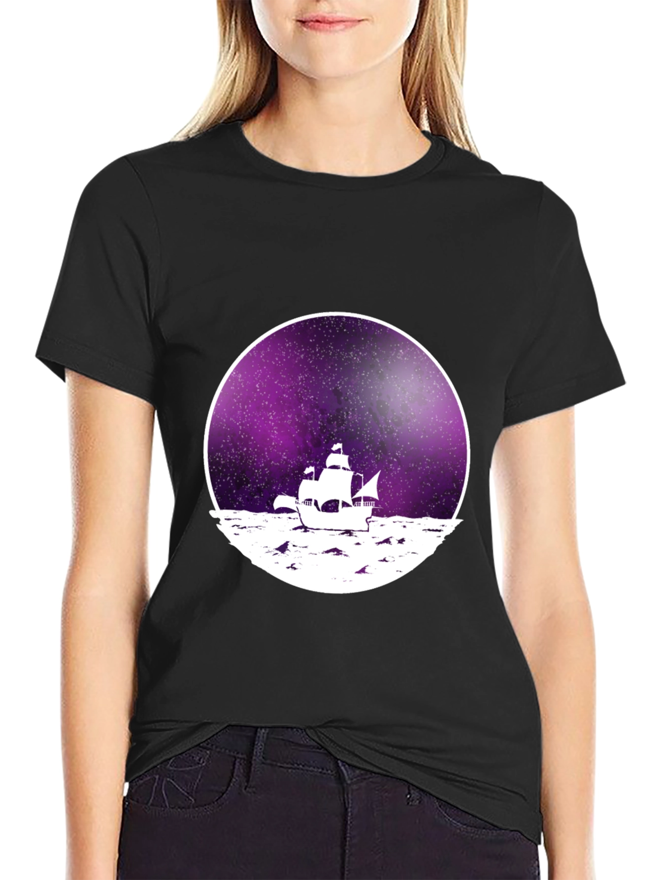Galaxy Sailboat Graphic Tee - Black Cotton T-Shirt