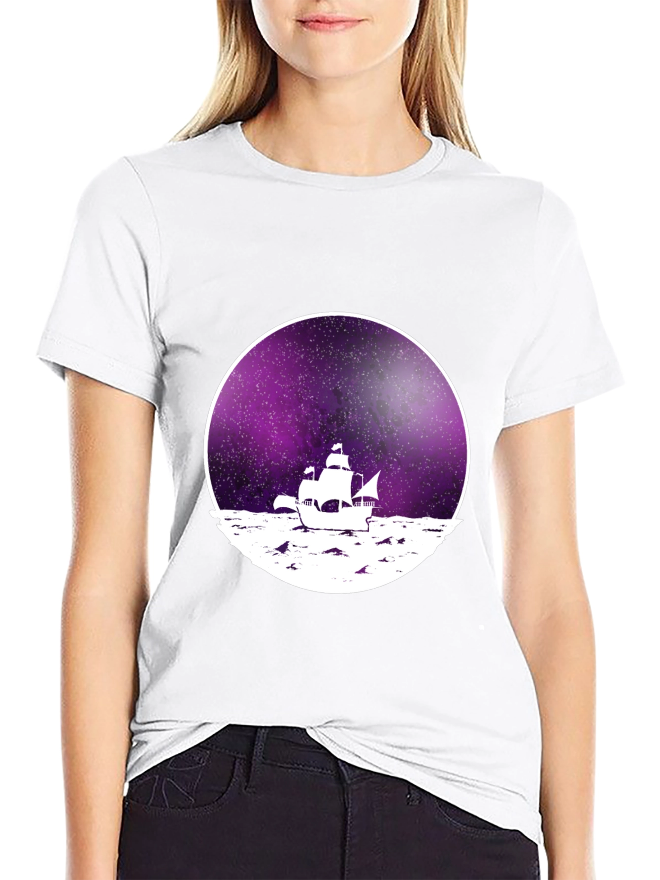Galaxy Sailboat Graphic Tee - Black Cotton T-Shirt