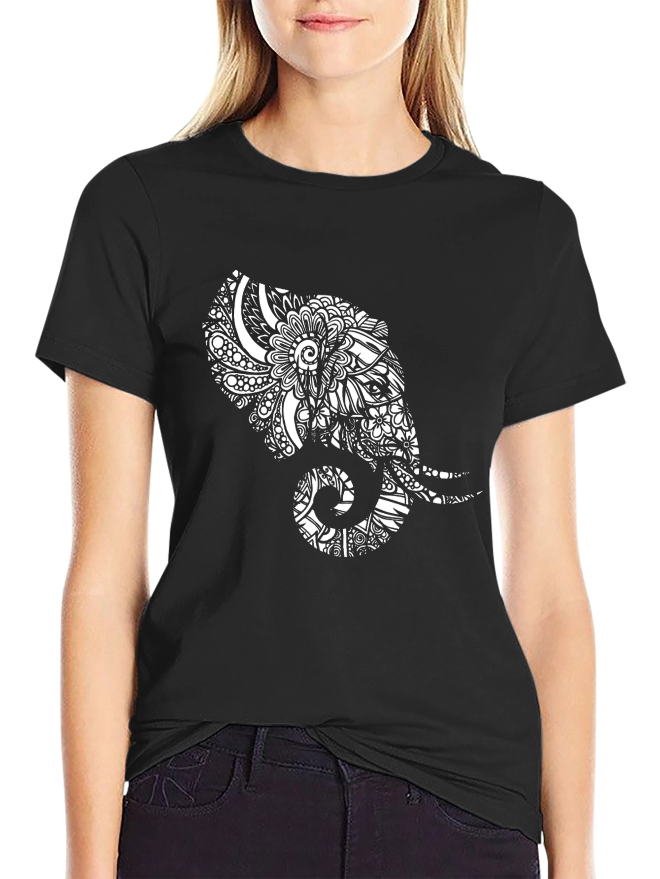 Elephant Mandala Print Black T-Shirt
