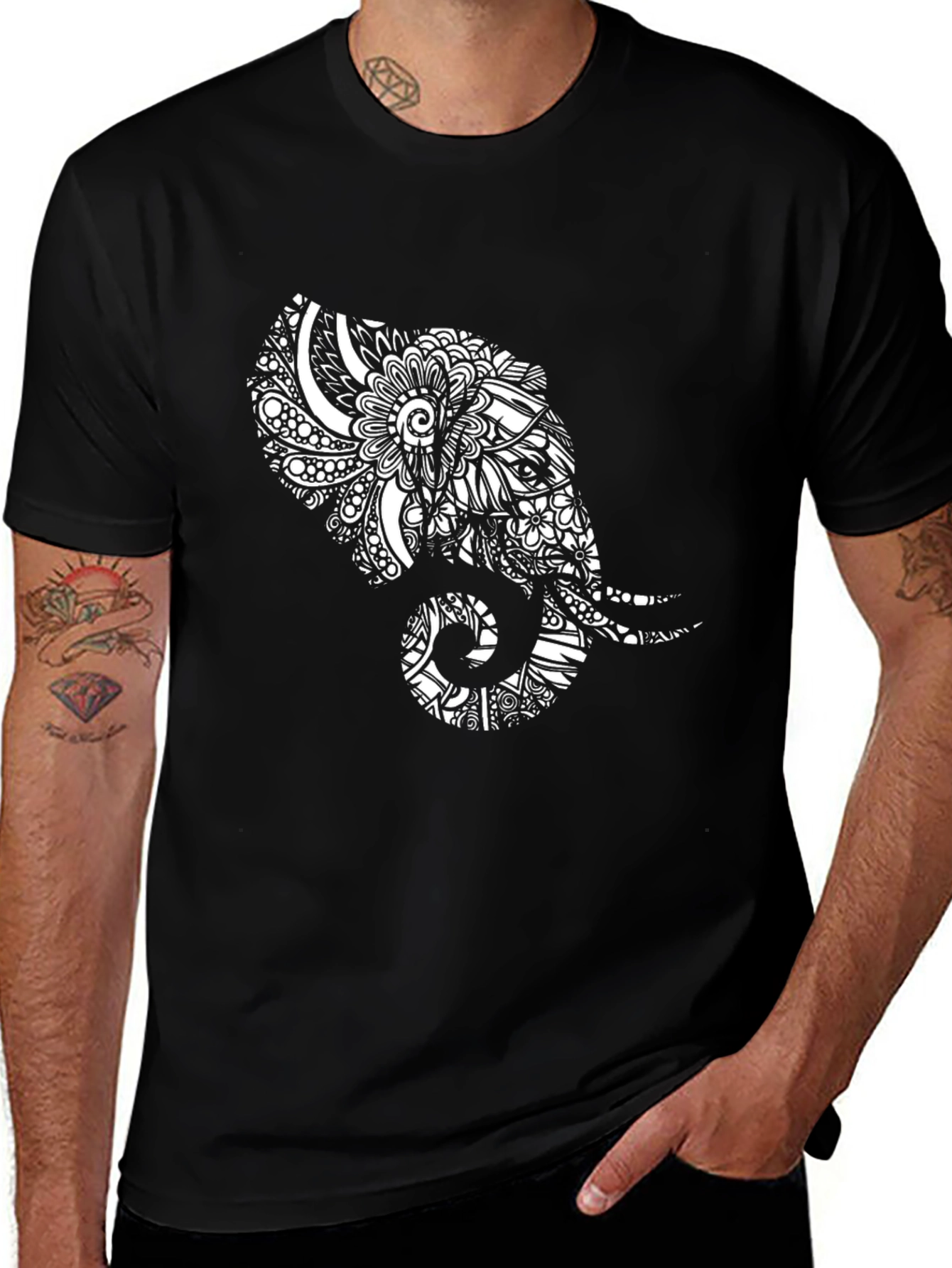 Elephant Mandala Print Black T-Shirt