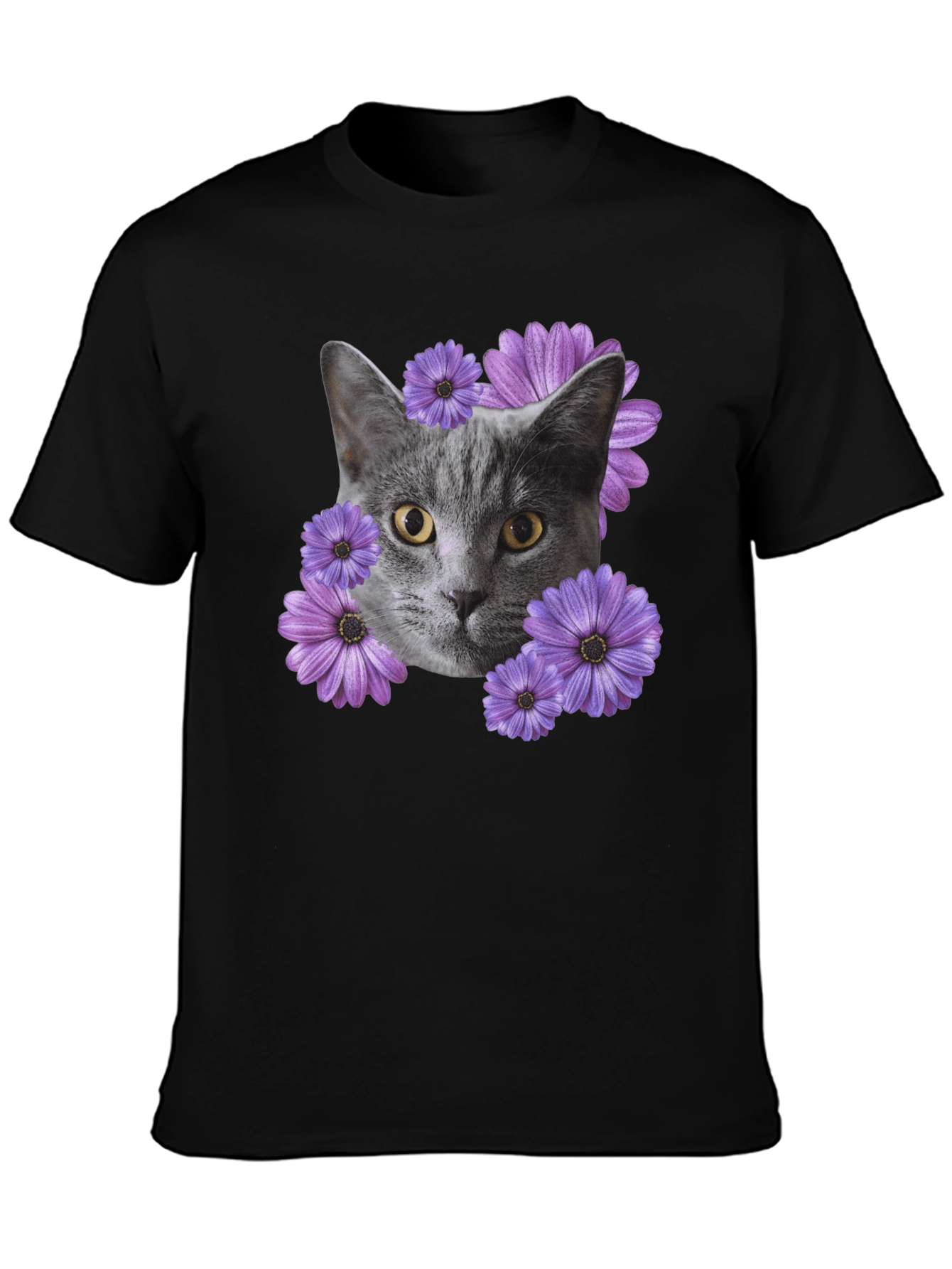 Cat and Flower Graphic Tee - Mens Black T-Shirt