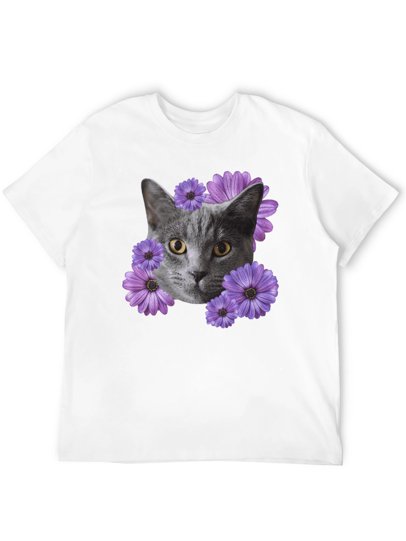 Cat and Flower Graphic Tee - Mens Black T-Shirt