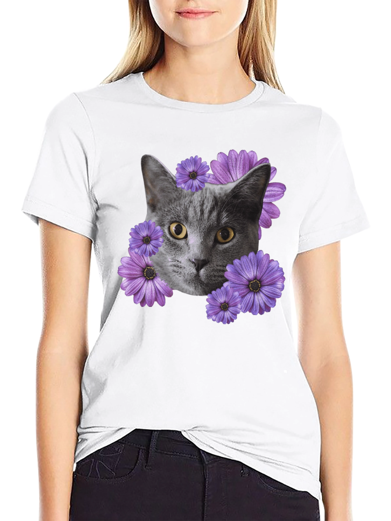 Cat and Flower Graphic Tee - Mens Black T-Shirt
