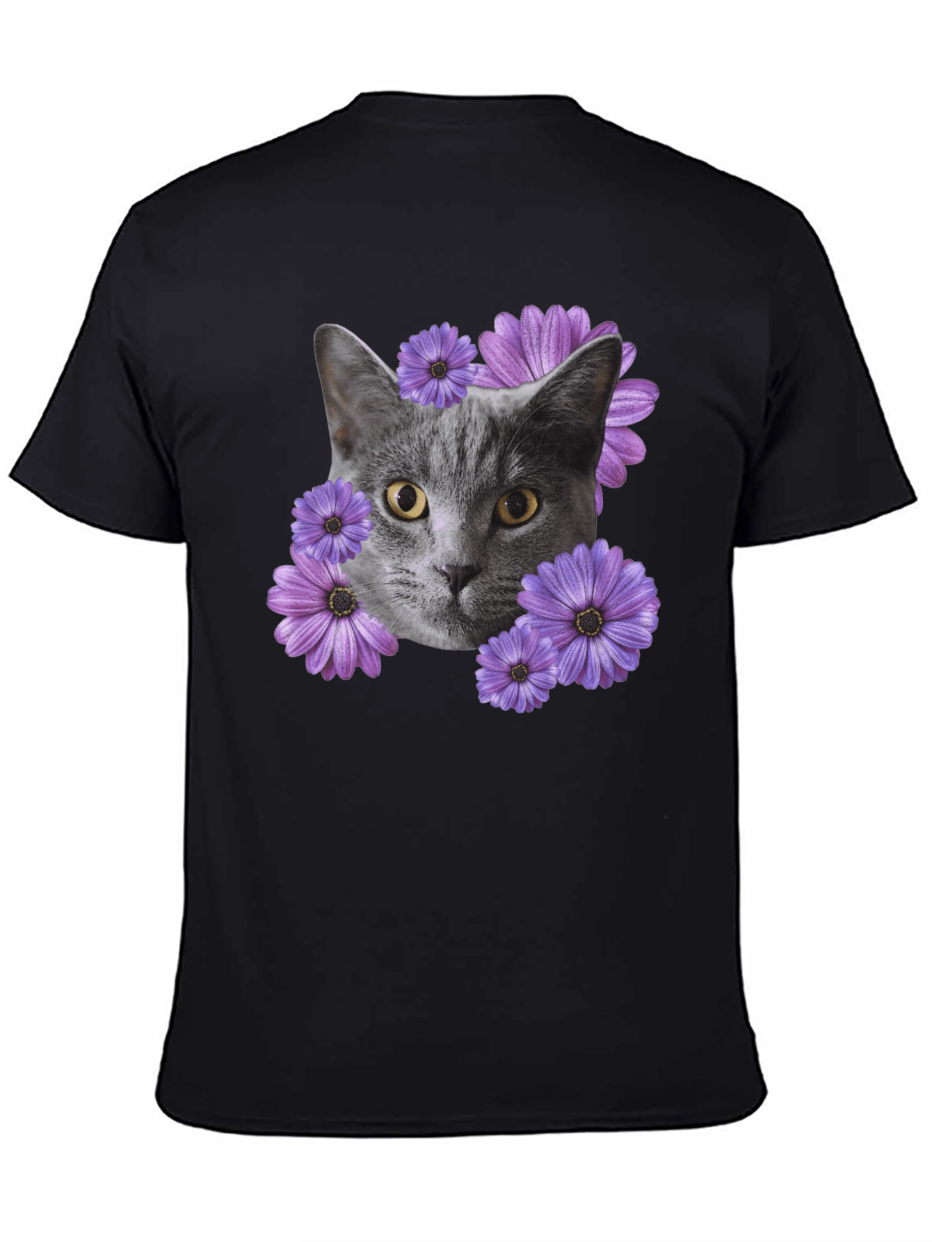 Cat and Flower Graphic Tee - Mens Black T-Shirt