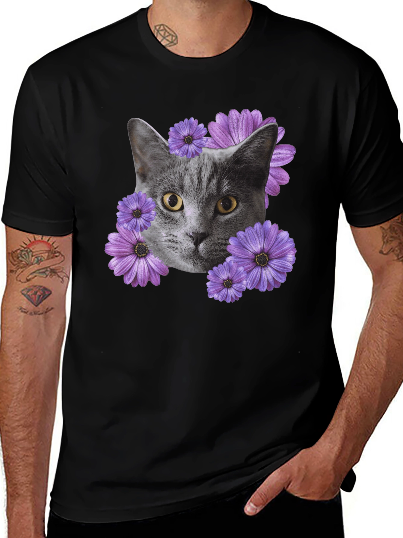 Cat and Flower Graphic Tee - Mens Black T-Shirt