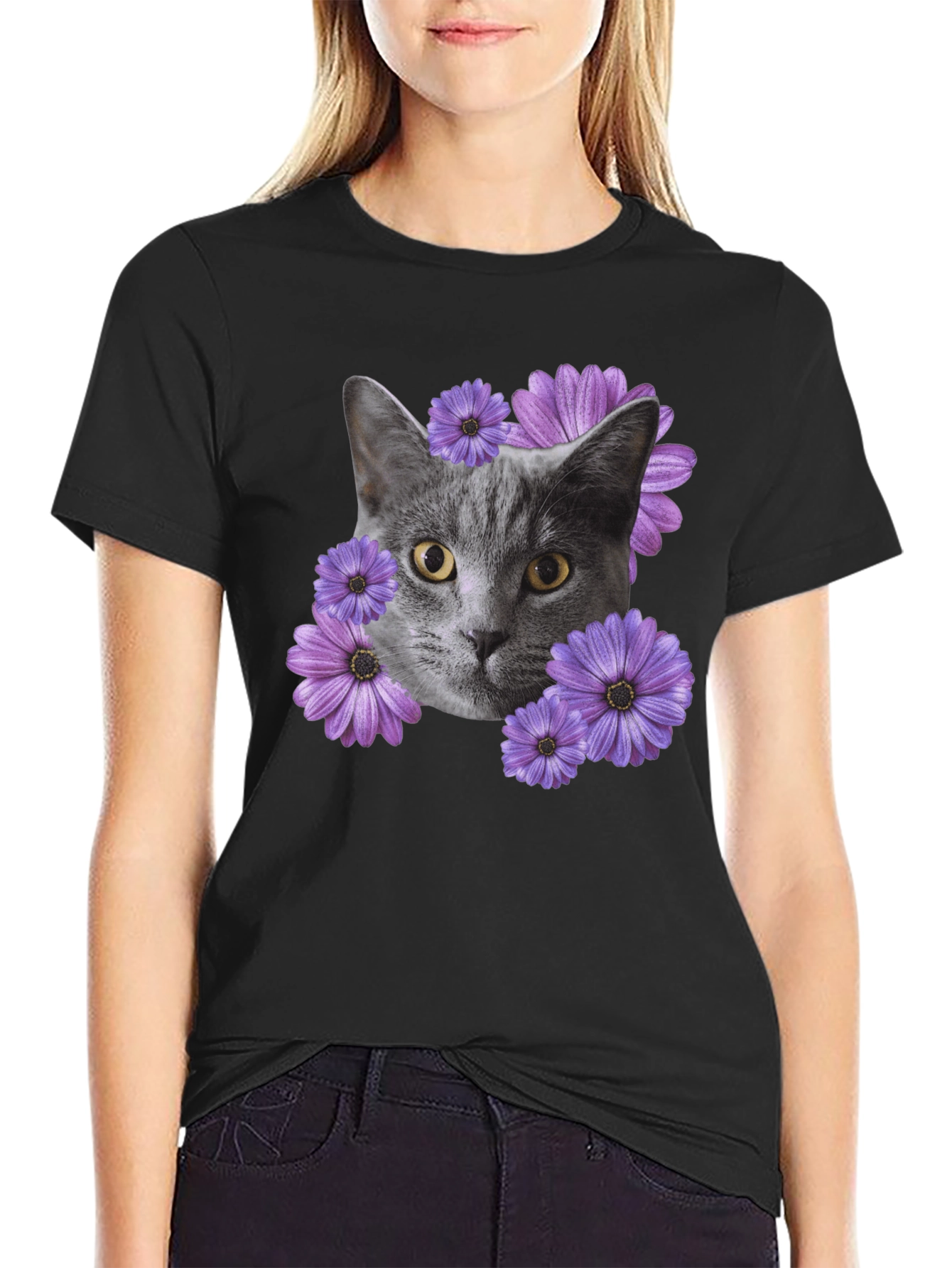 Cat and Flower Graphic Tee - Mens Black T-Shirt
