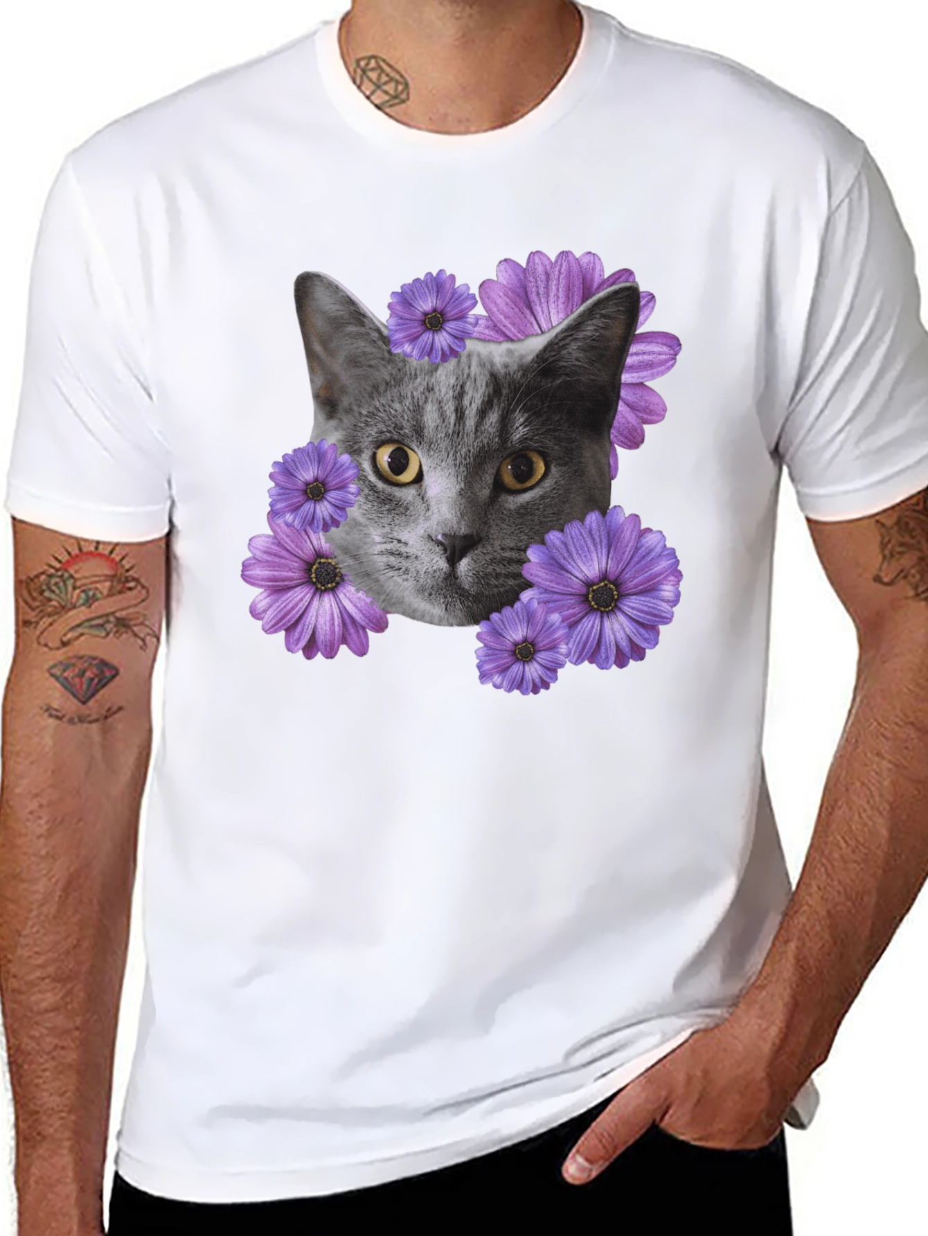 Cat and Flower Graphic Tee - Mens Black T-Shirt