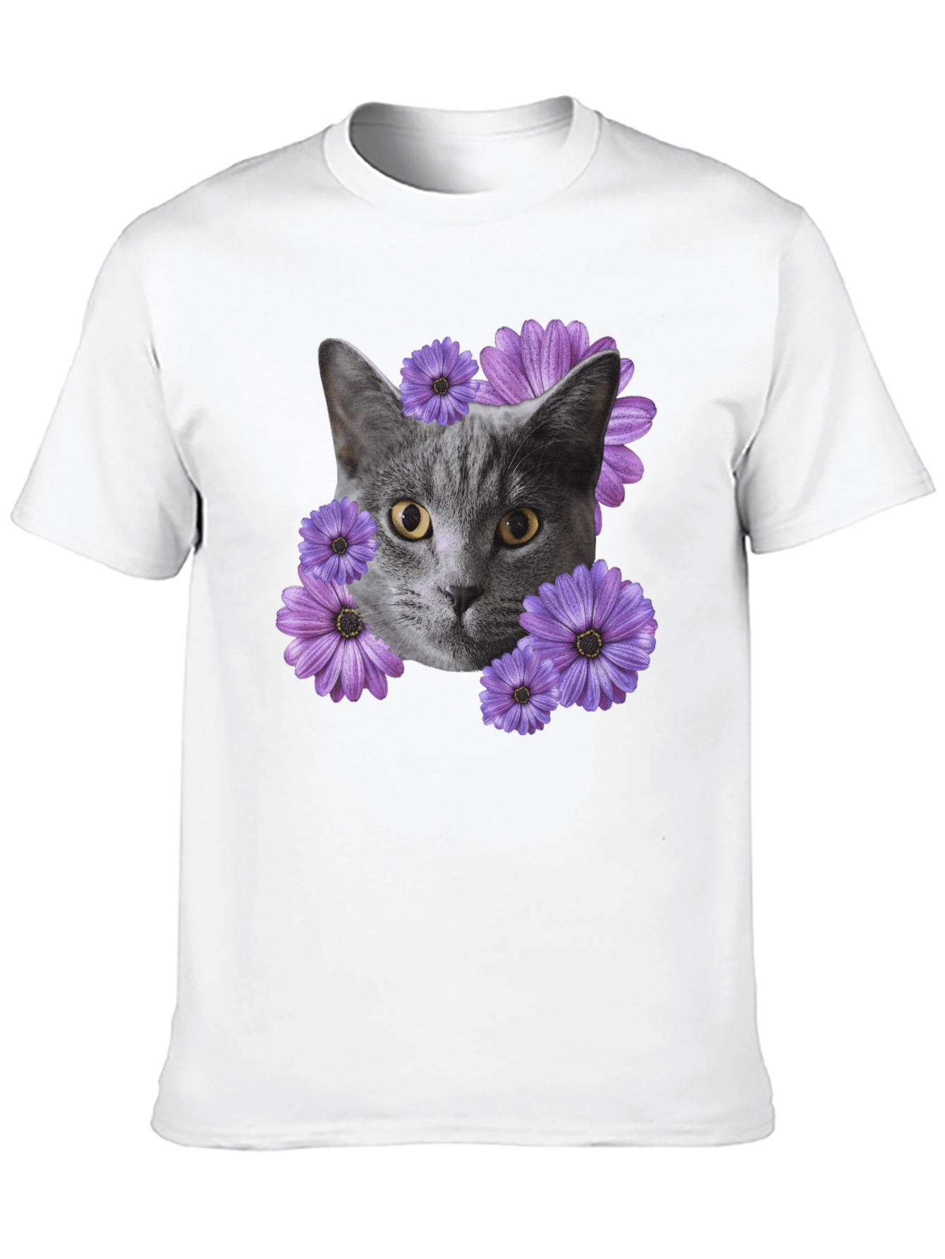 Cat and Flower Graphic Tee - Mens Black T-Shirt