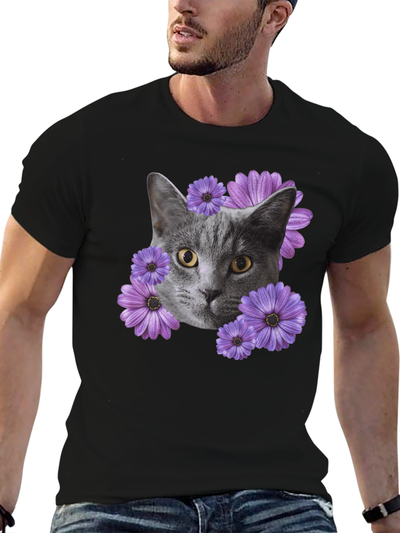 Cat and Flower Graphic Tee - Mens Black T-Shirt