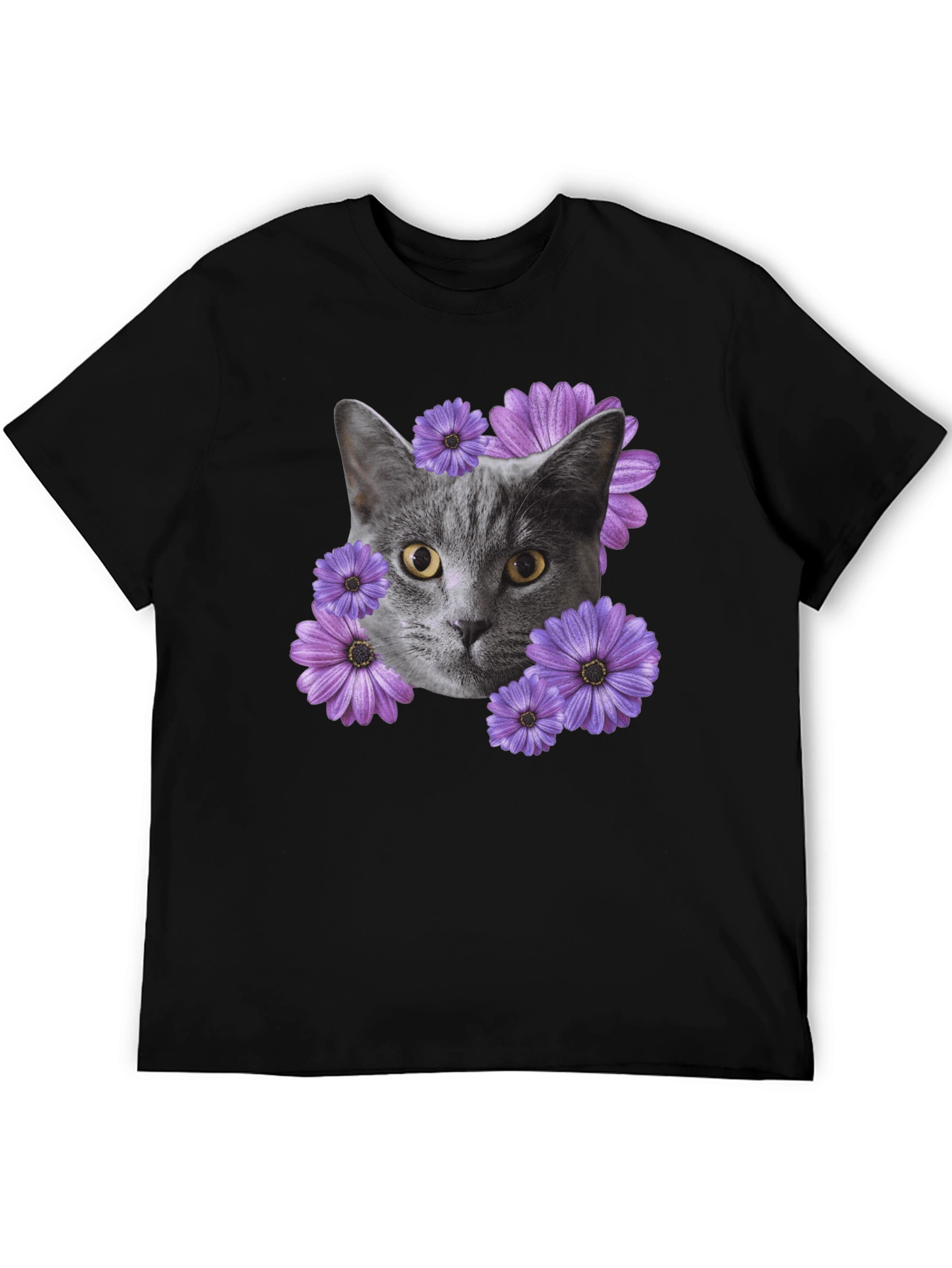Cat and Flower Graphic Tee - Mens Black T-Shirt