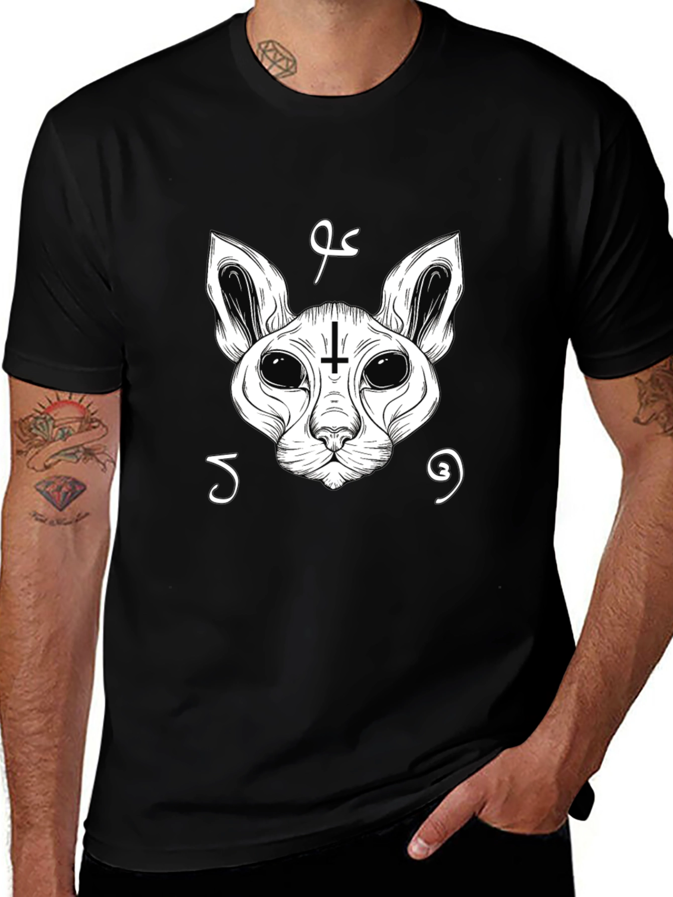 Occult Cat Inverted Cross T-Shirt - Black