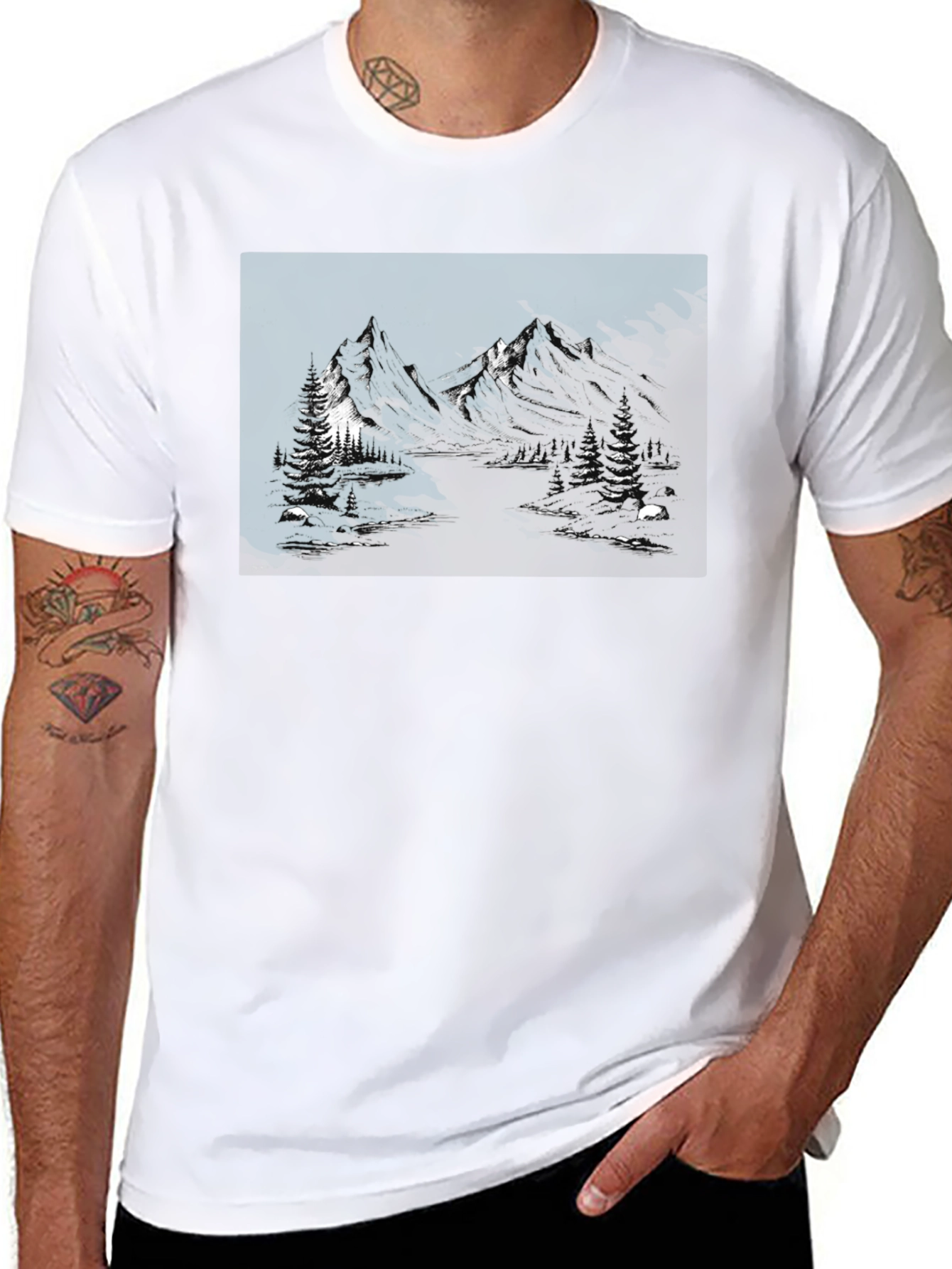 Mountain Landscape Graphic Tee - Black Cotton Blend