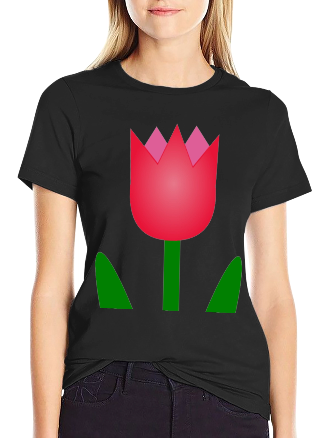Tulip Graphic Tee - Black Cotton Casual T-Shirt