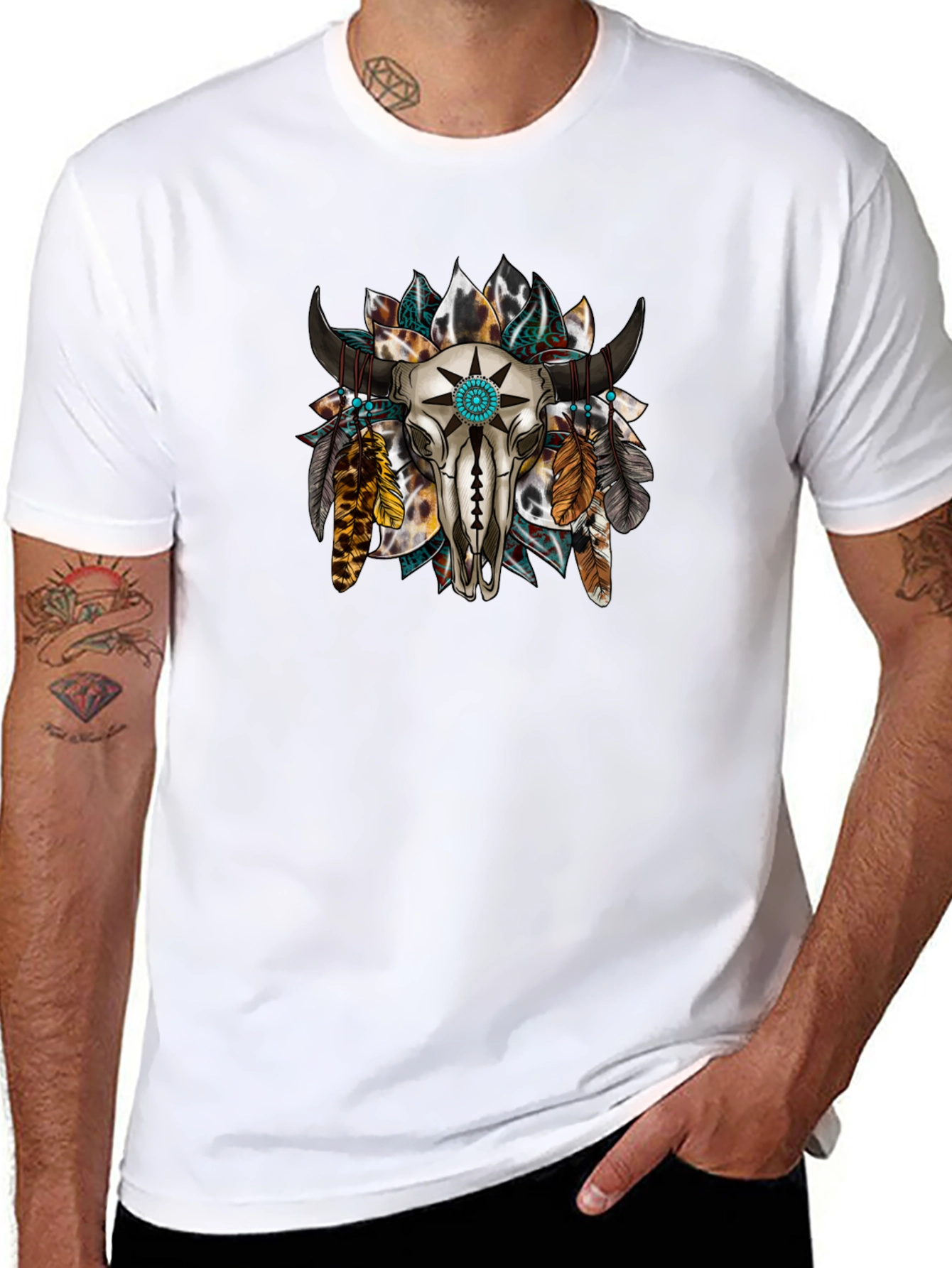 Skull and Feather Graphic Print Tee