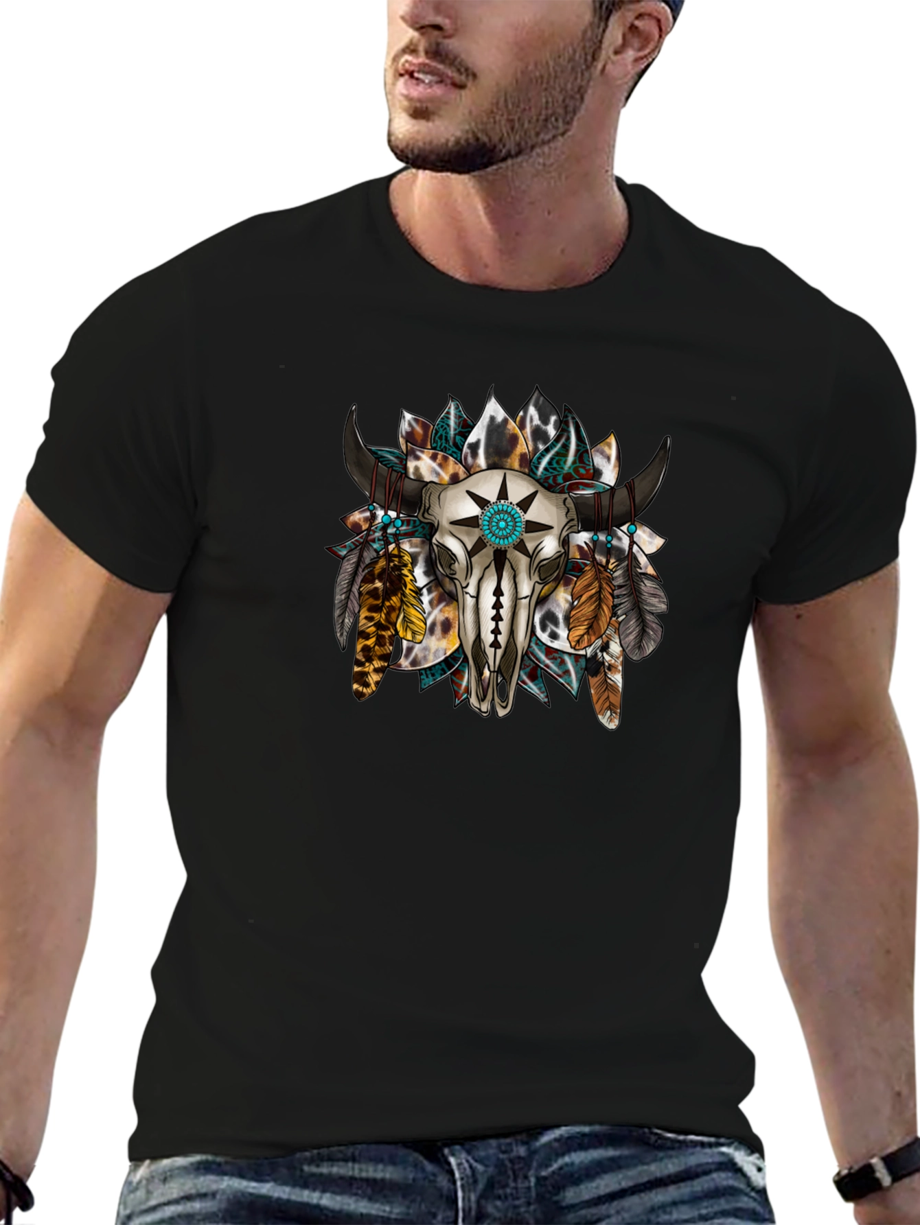 Skull and Feather Graphic Print Tee