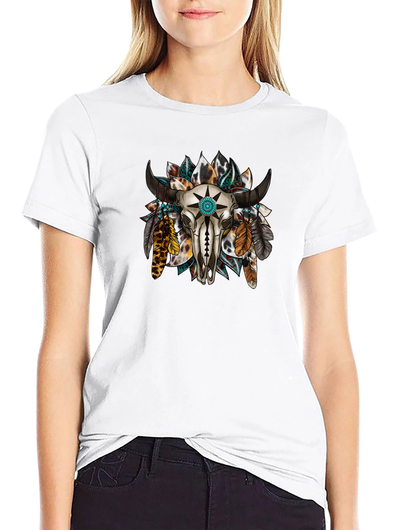 Skull and Feather Graphic Print Tee