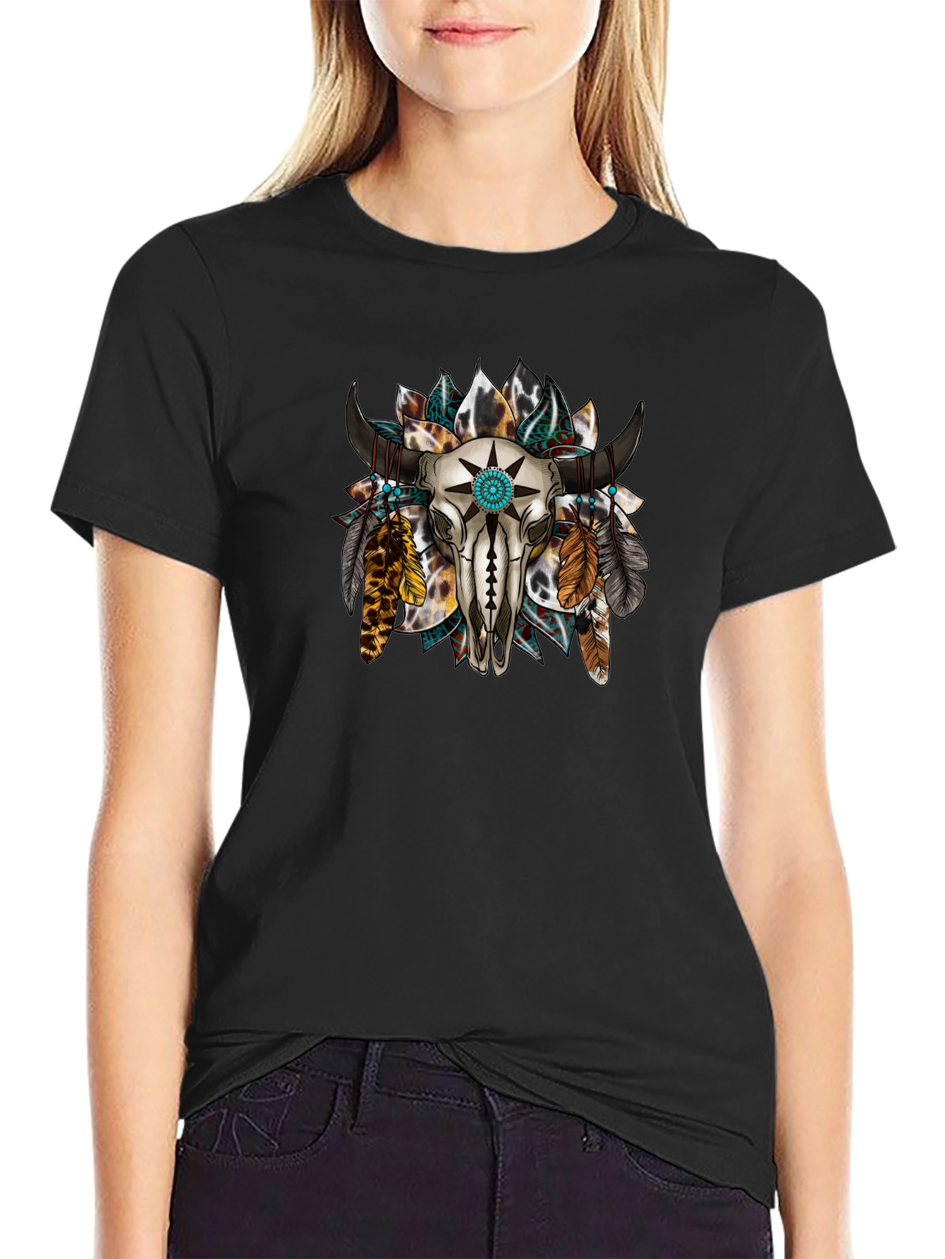 Skull and Feather Graphic Print Tee