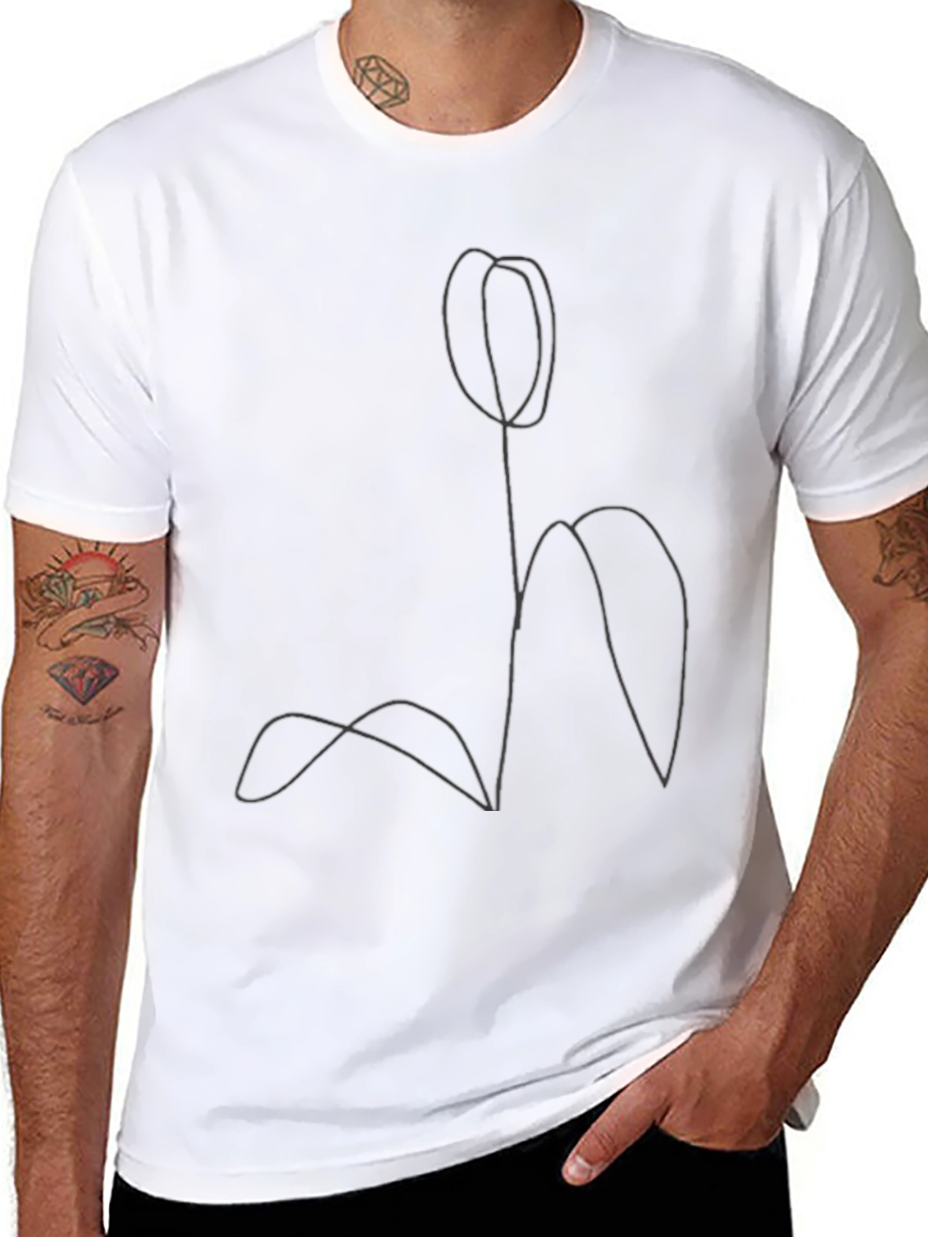 Minimalist Tulip Line Art Black T-Shirt