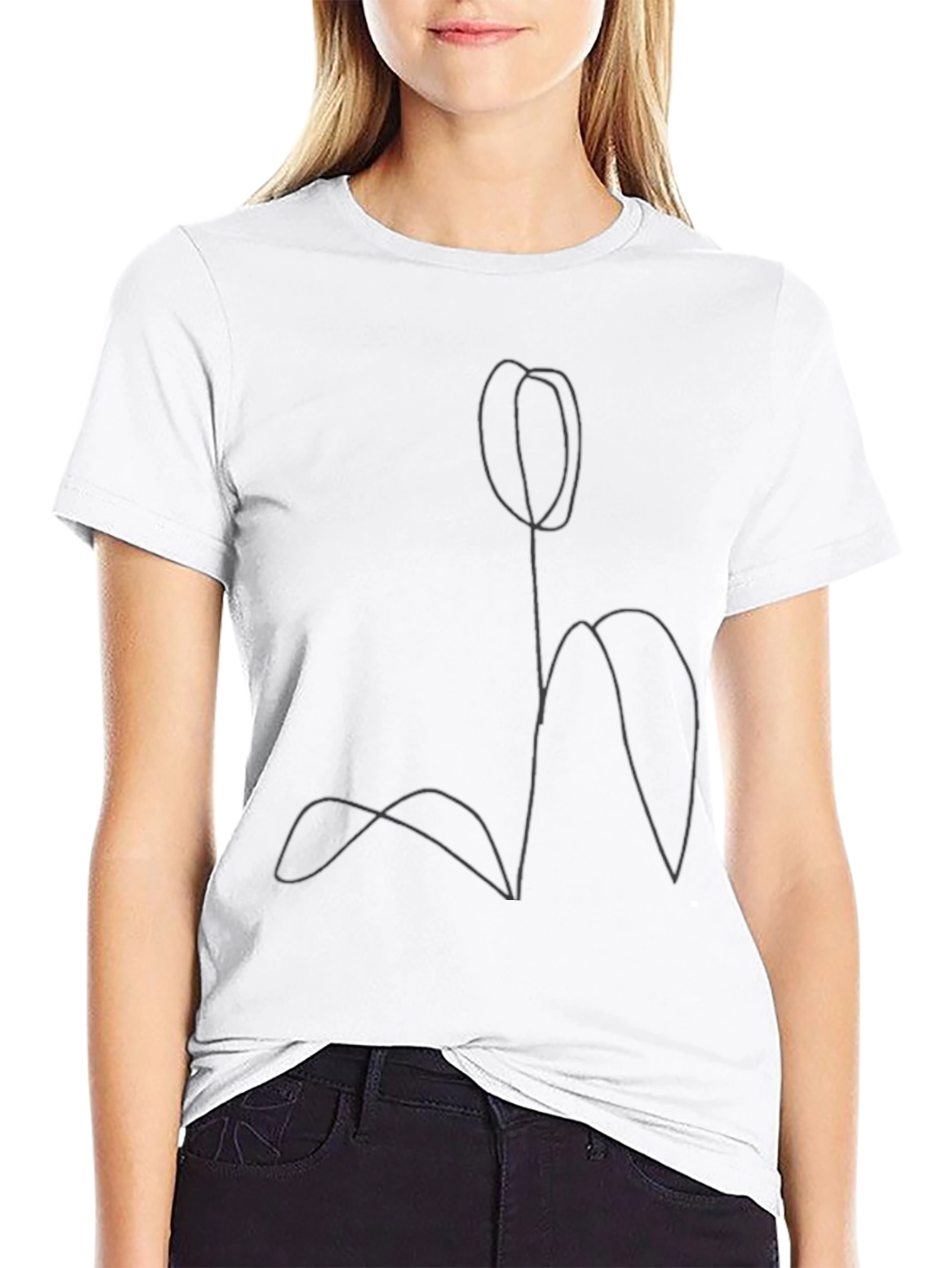 Minimalist Tulip Line Art Black T-Shirt