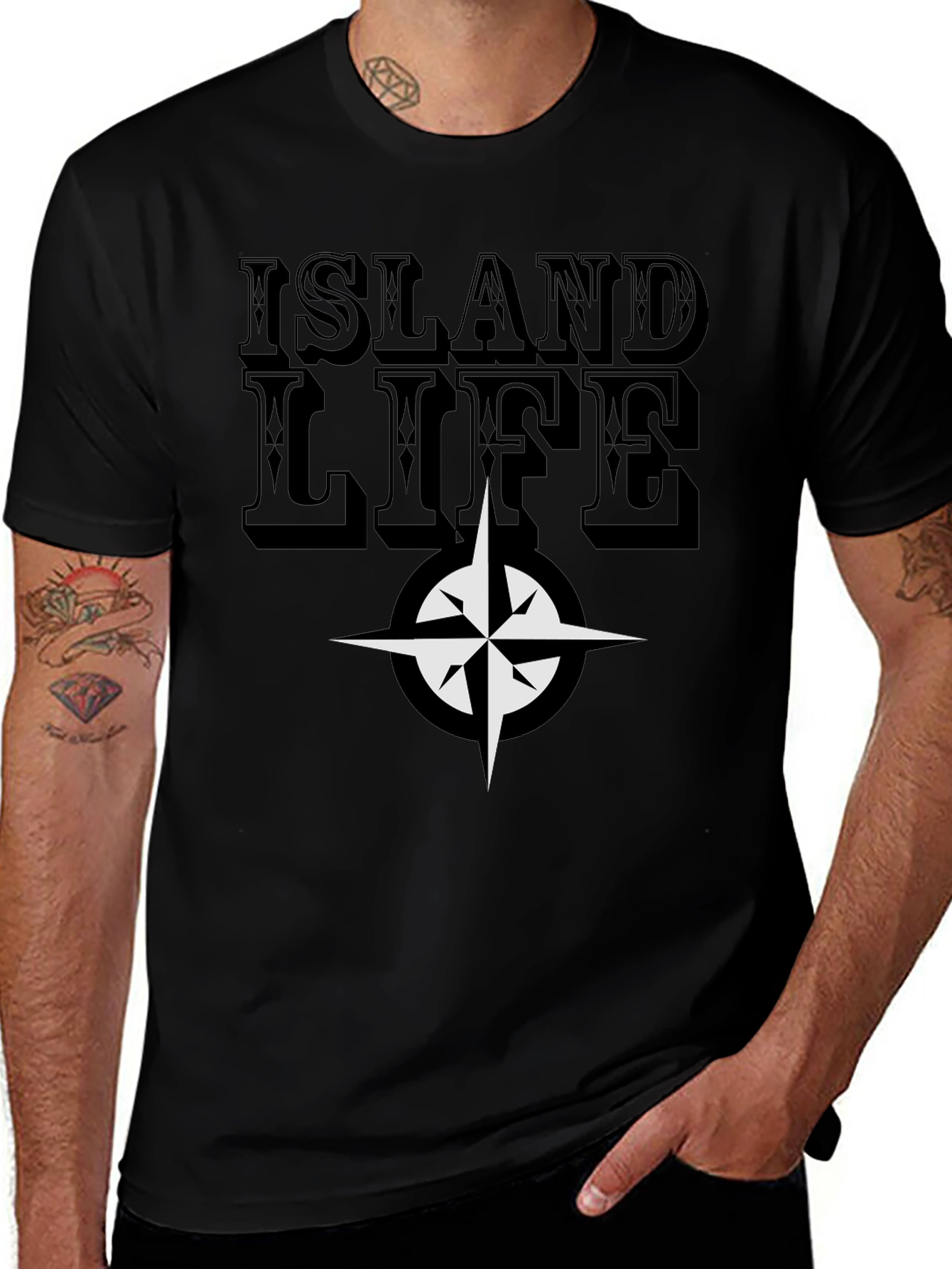 Island Life Compass Graphic Tee - Casual Black T-Shirt