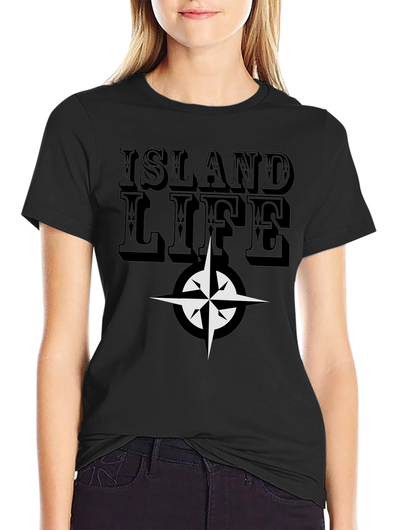 Island Life Compass Graphic Tee - Casual Black T-Shirt