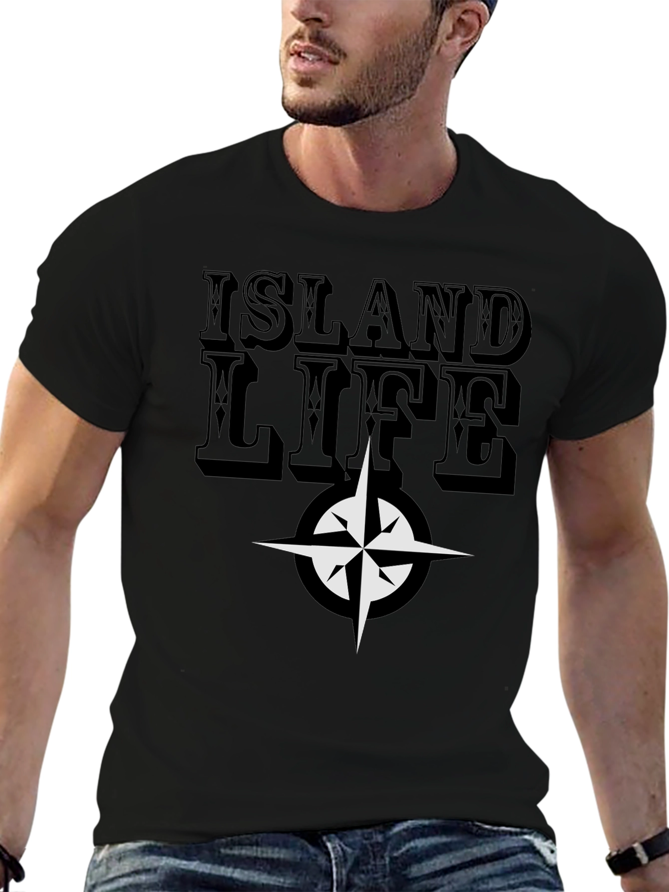 Island Life Compass Graphic Tee - Casual Black T-Shirt