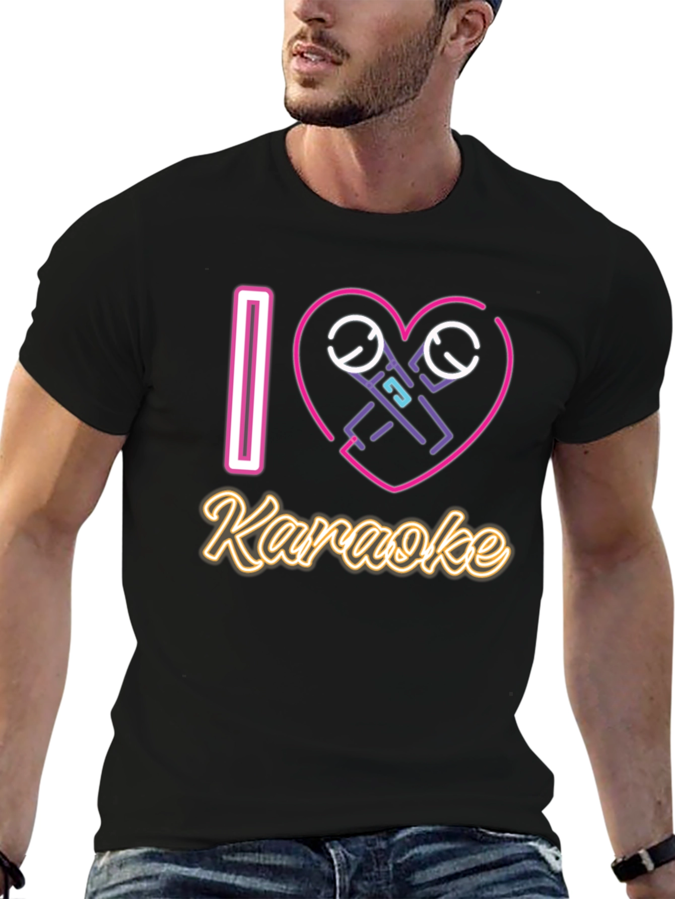I Love Karaoke T-Shirt - Neon Microphone Heart Design