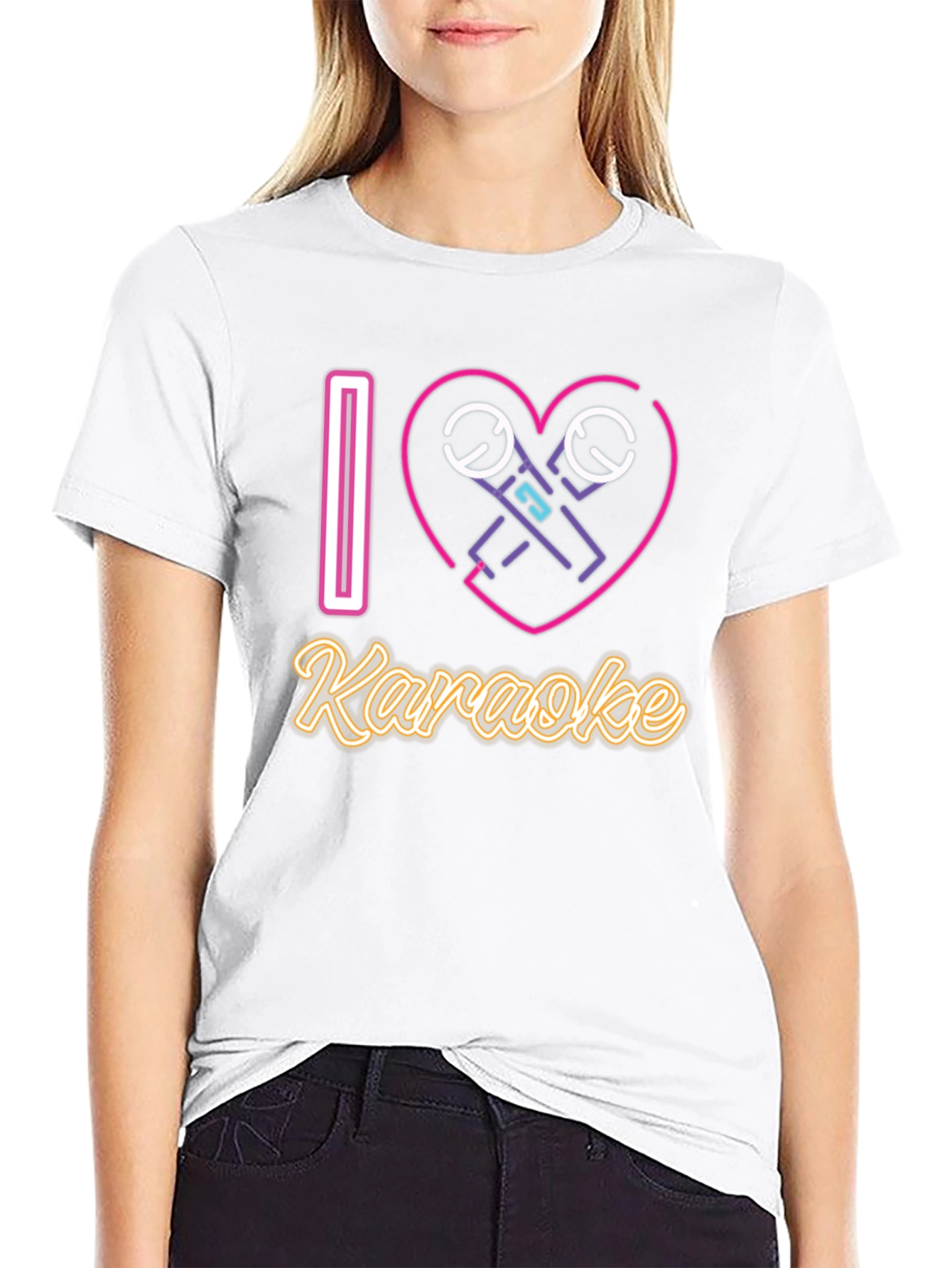 I Love Karaoke T-Shirt - Neon Microphone Heart Design