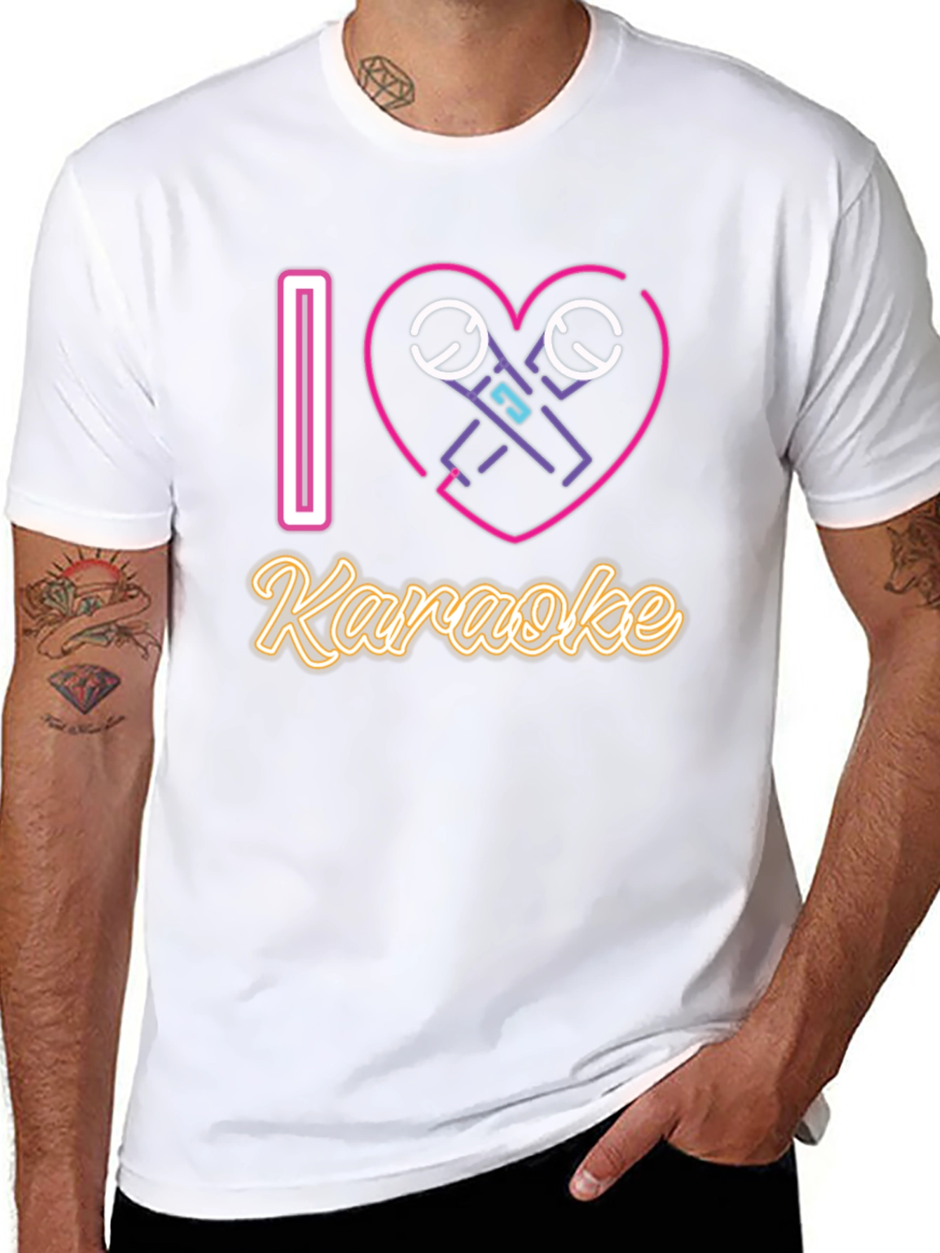 I Love Karaoke T-Shirt - Neon Microphone Heart Design