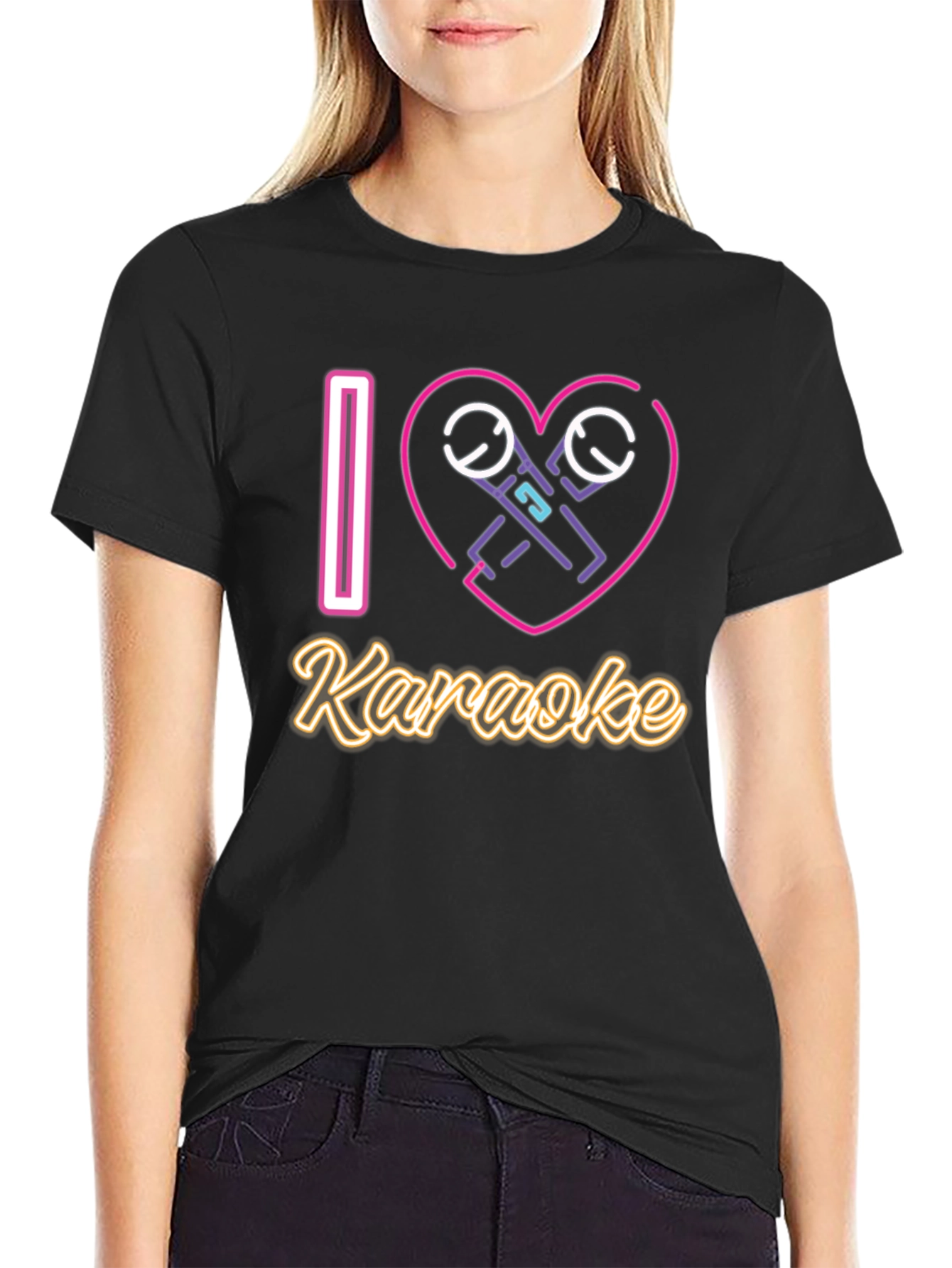 I Love Karaoke T-Shirt - Neon Microphone Heart Design