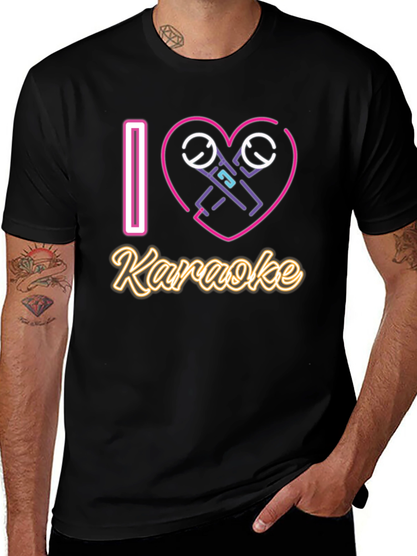 I Love Karaoke T-Shirt - Neon Microphone Heart Design