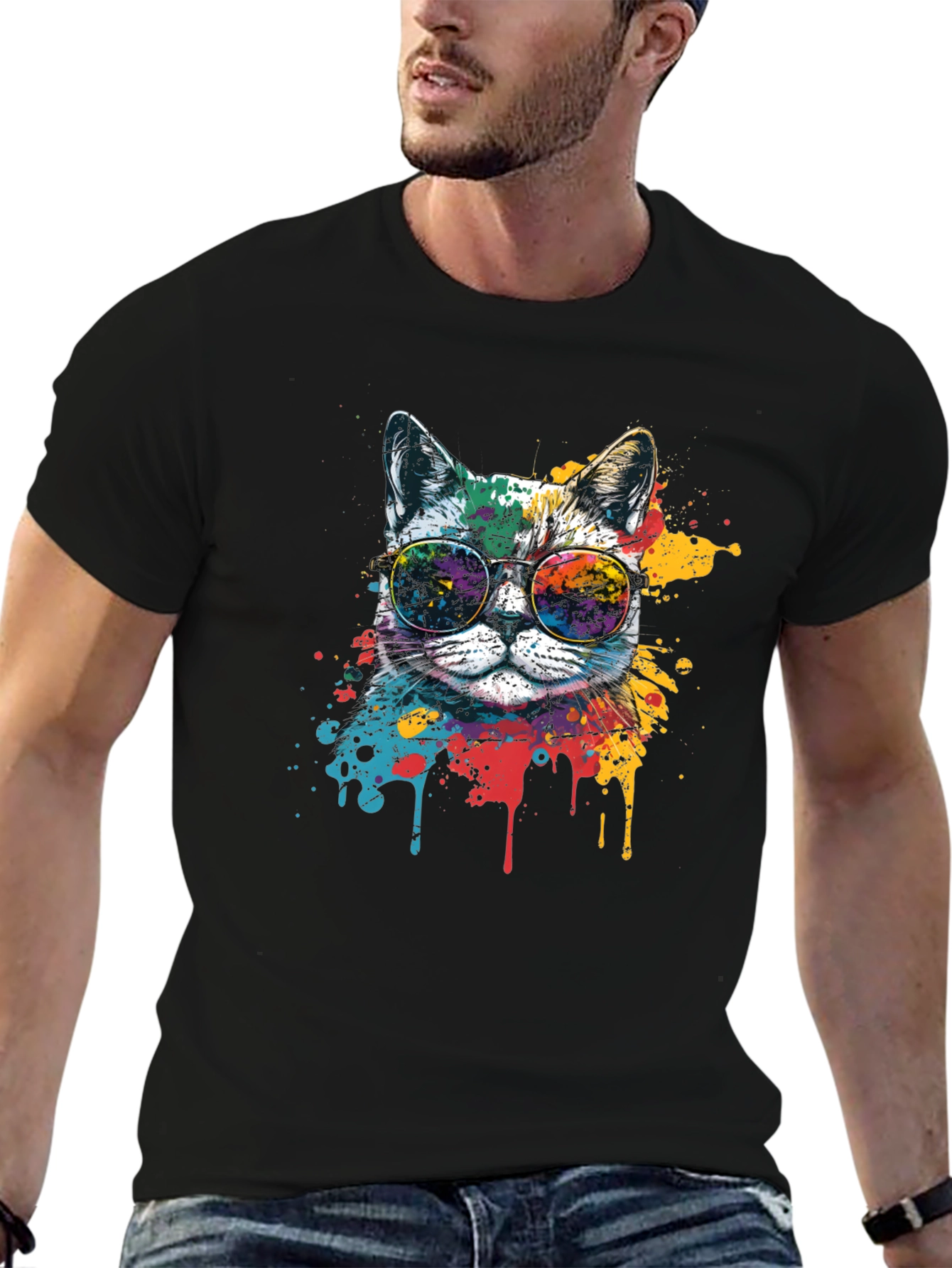 Cool Cat Graphic Tee - Paint Splatter Design