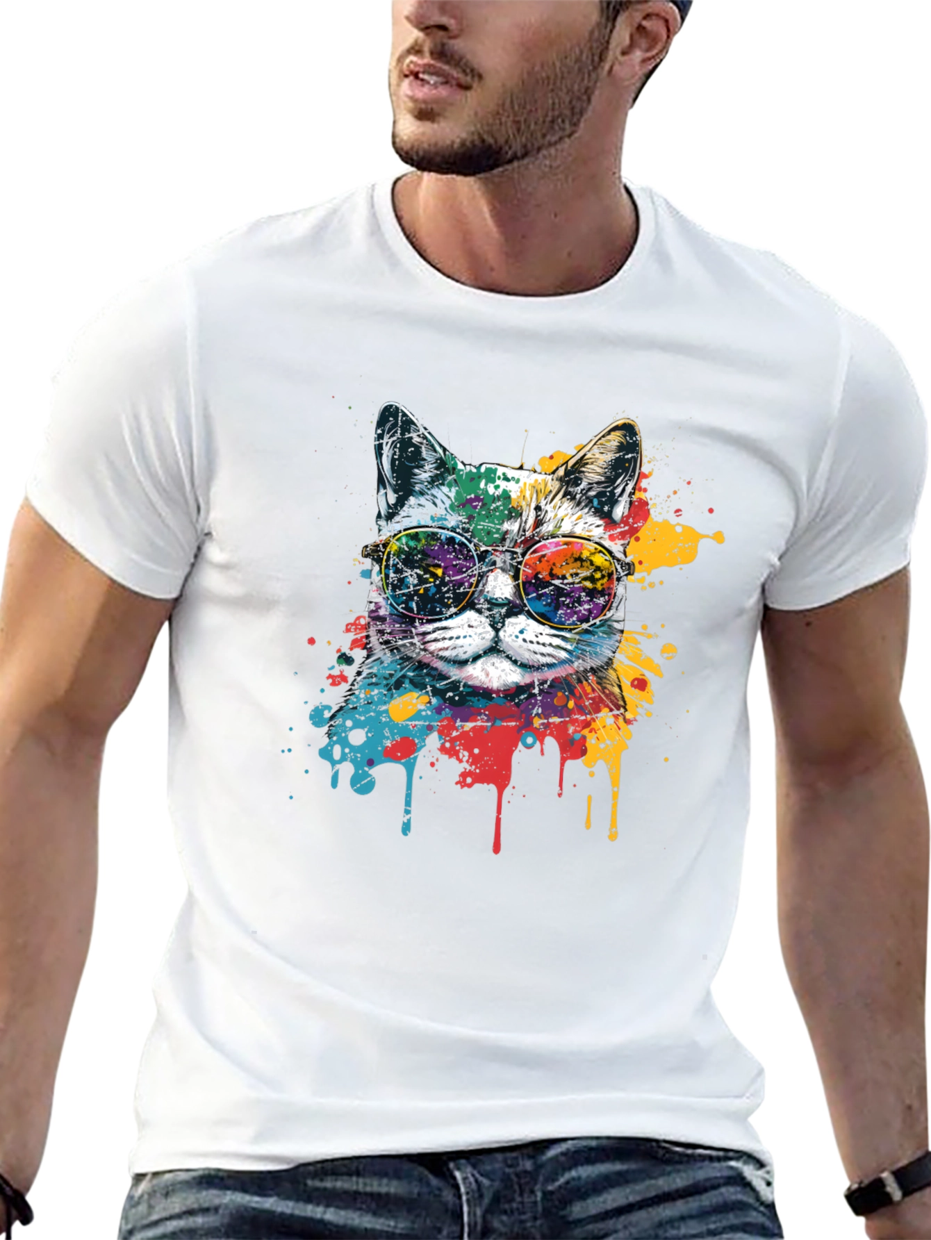Cool Cat Graphic Tee - Paint Splatter Design
