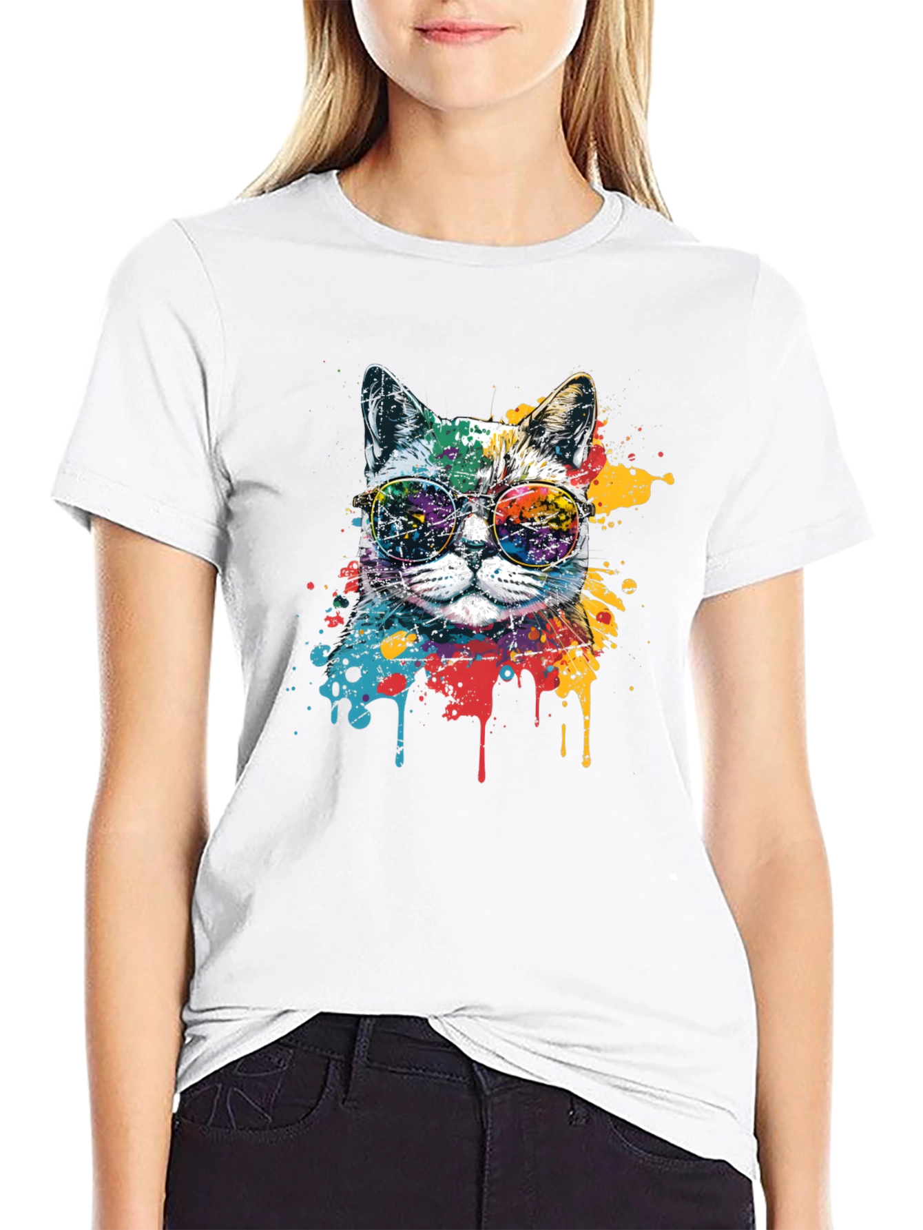 Cool Cat Graphic Tee - Paint Splatter Design