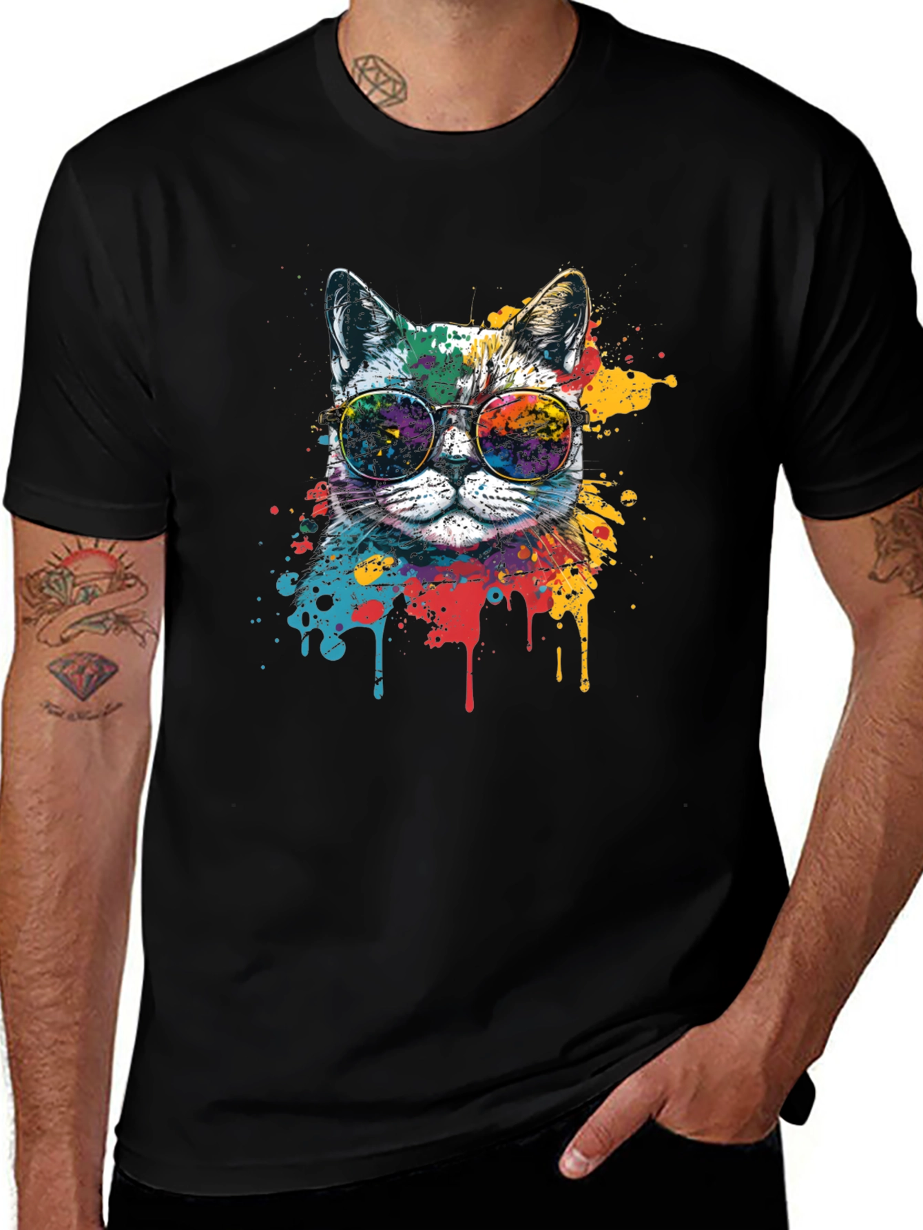 Cool Cat Graphic Tee - Paint Splatter Design