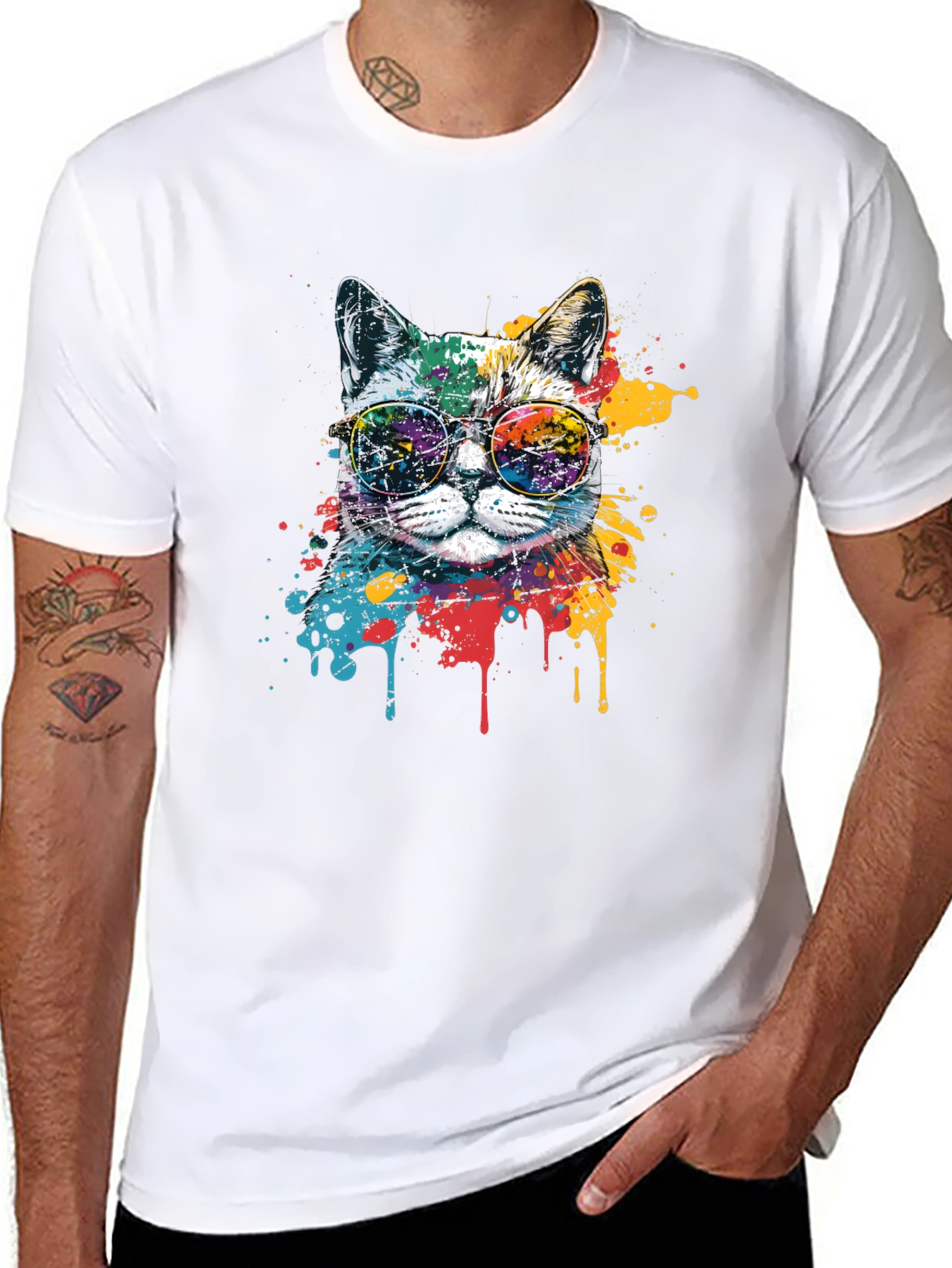 Cool Cat Graphic Tee - Paint Splatter Design
