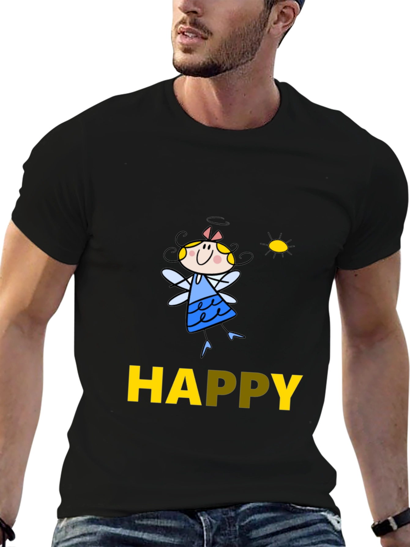 Happy Fairy Graphic Black Tee for Men