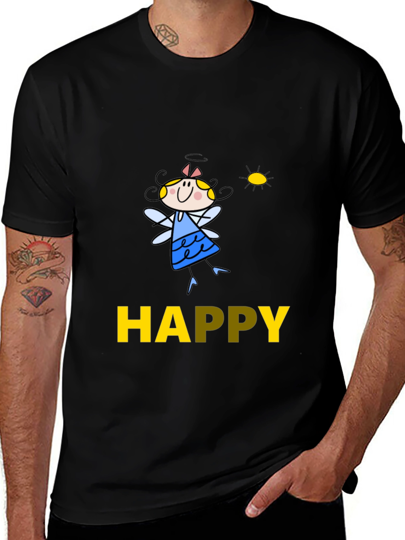 Happy Fairy Graphic Black Tee for Men