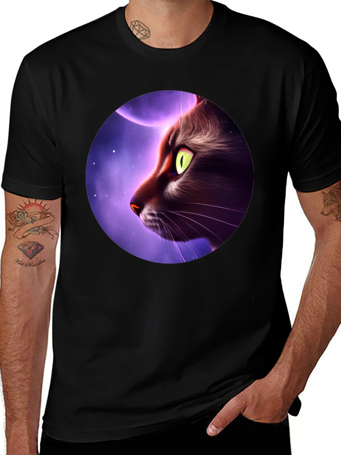 Cat Moon Graphic Tee - Mens Black T-Shirt