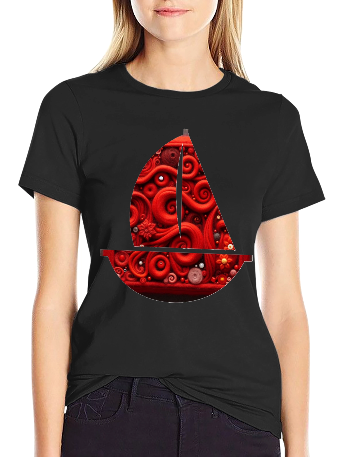 Red Artistic Boat Graphic Tee