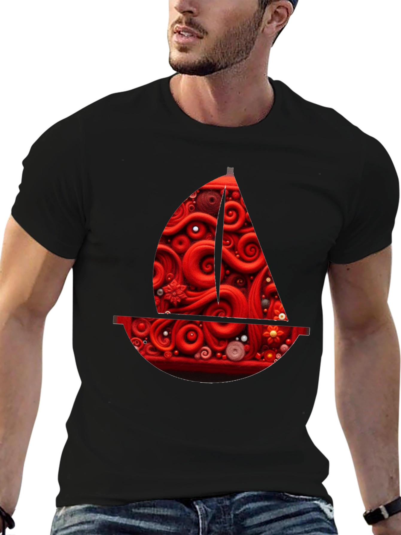 Red Artistic Boat Graphic Tee