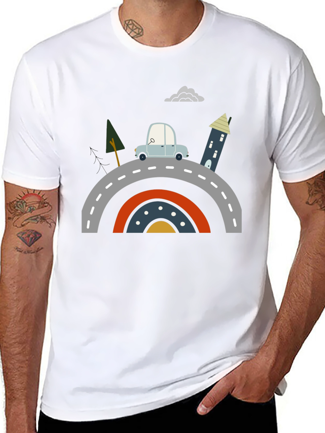 Cartoon Car on Rainbow Bridge Graphic Tee