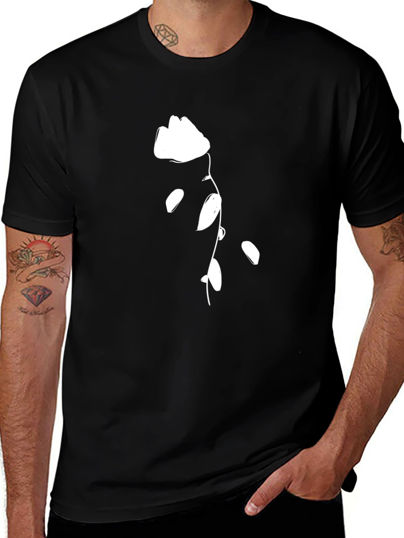 Black T-Shirt with White Flower Design
