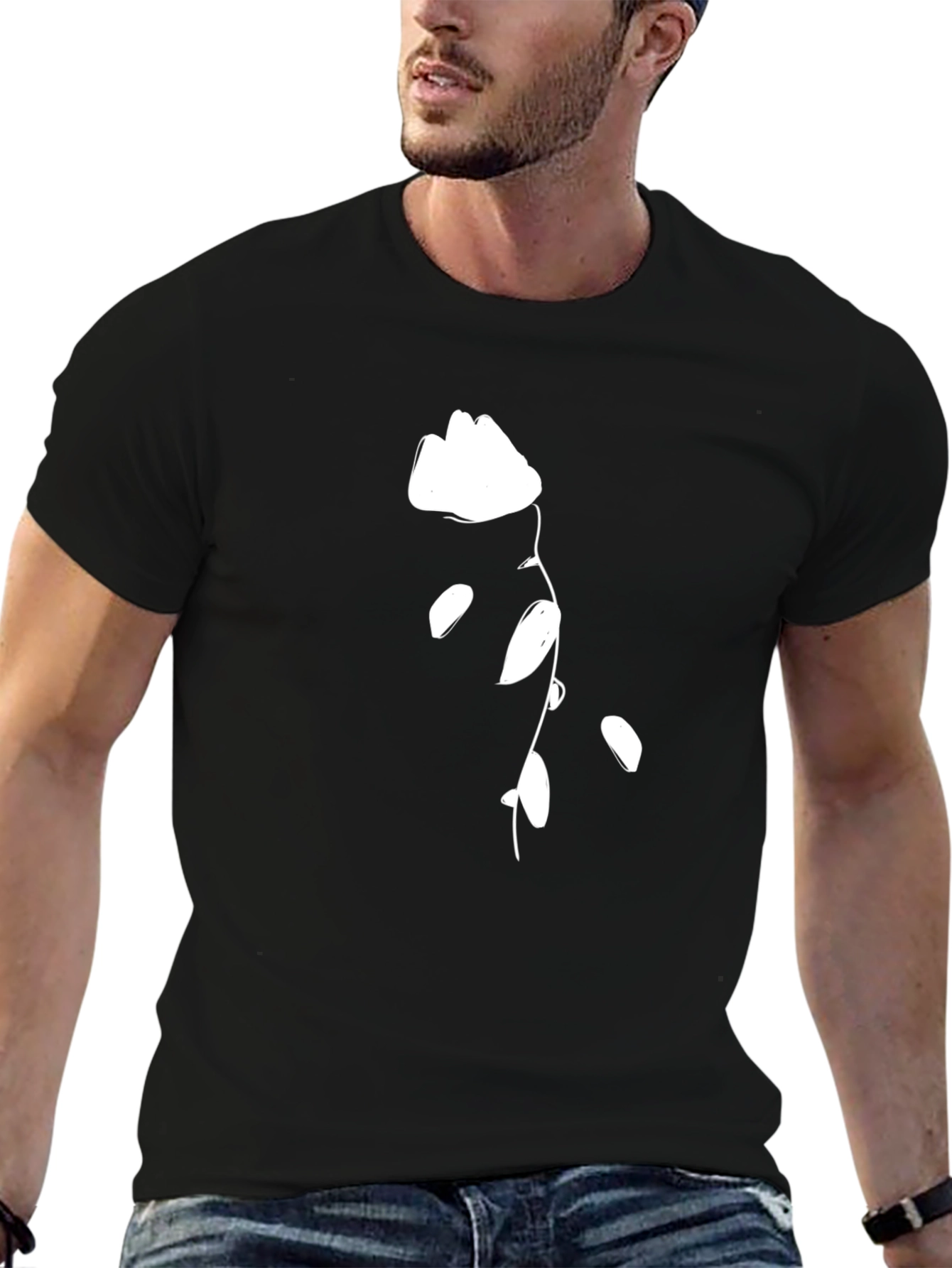 Black T-Shirt with White Flower Design