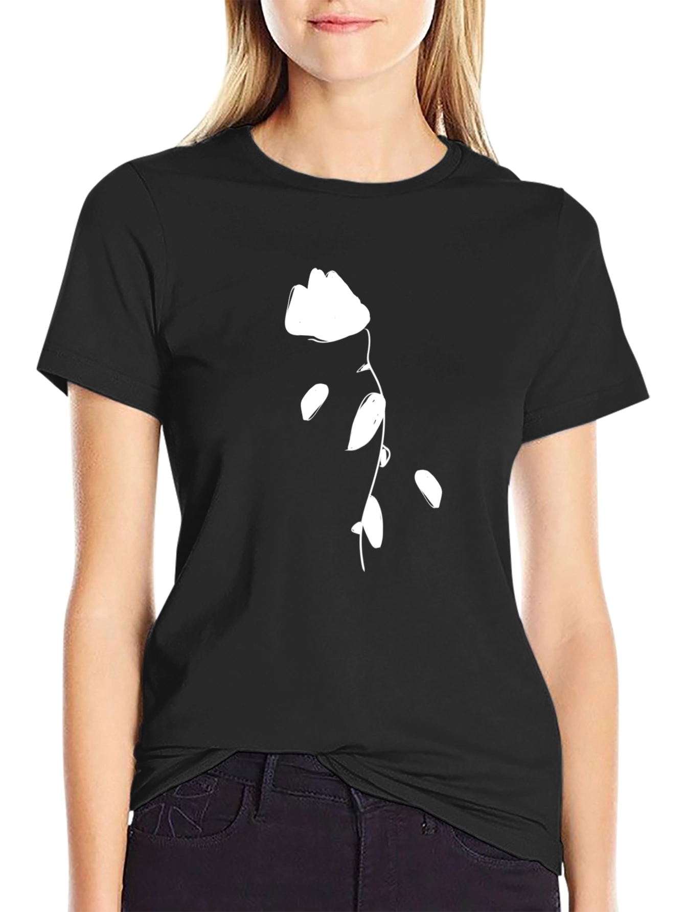 Black T-Shirt with White Flower Design