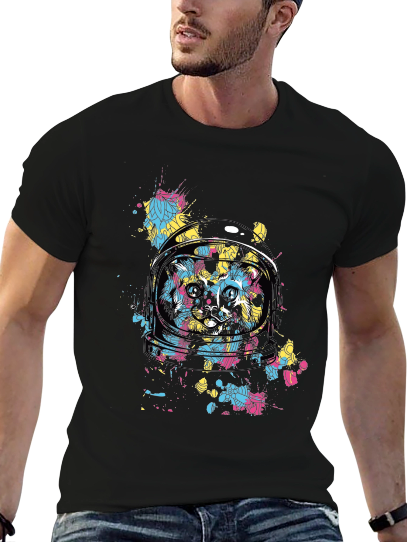 Astronaut Cat Graphic Tee - Black Cotton Comfort