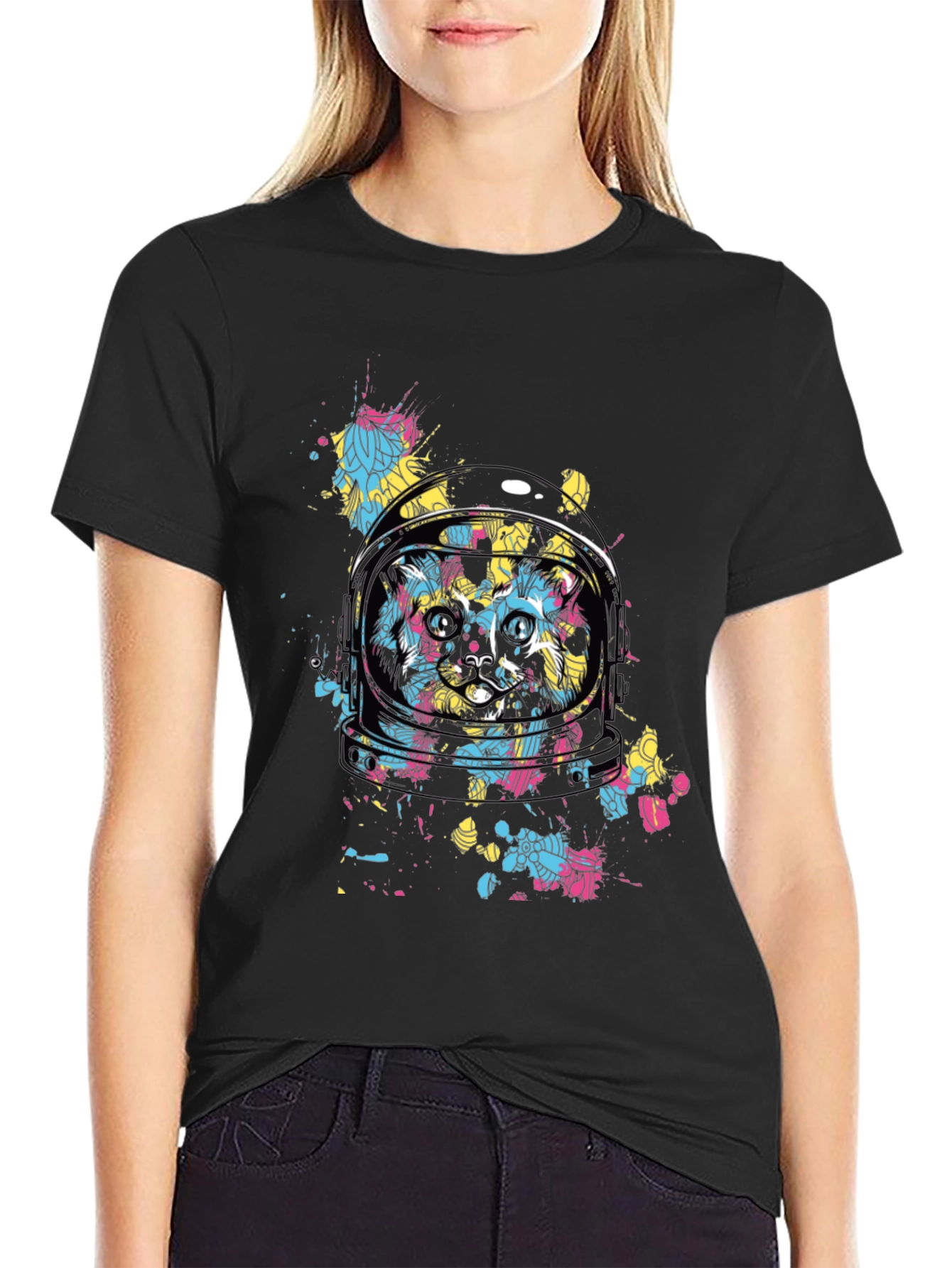 Astronaut Cat Graphic Tee - Black Cotton Comfort