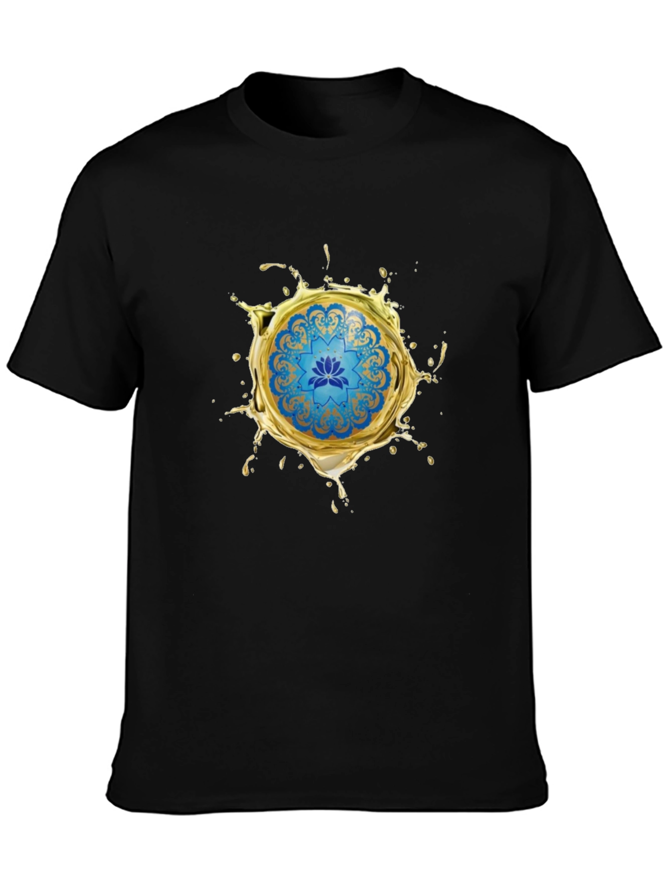 Blue Lotus Mandala Gold Splash Black T-Shirt