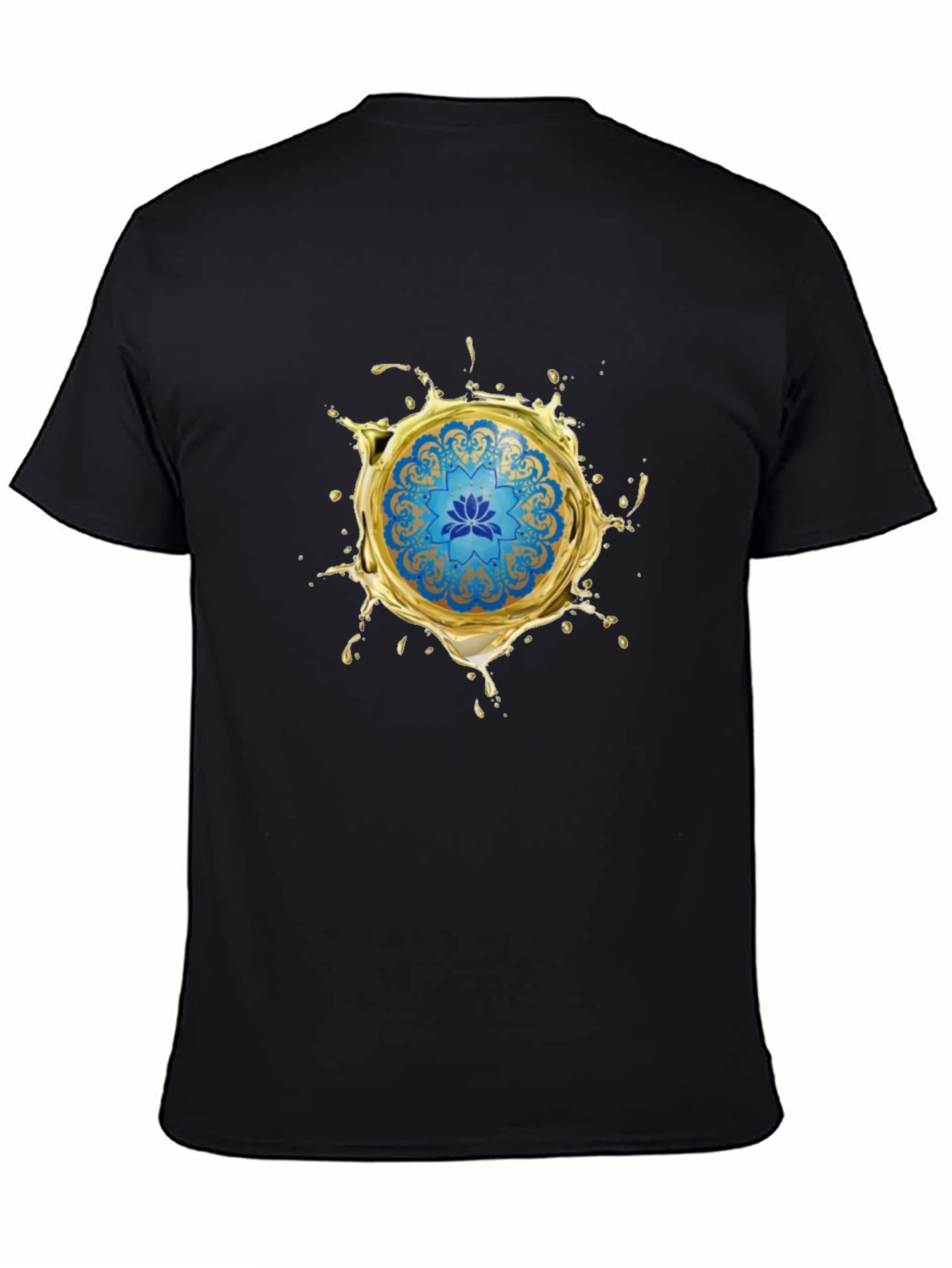 Blue Lotus Mandala Gold Splash Black T-Shirt