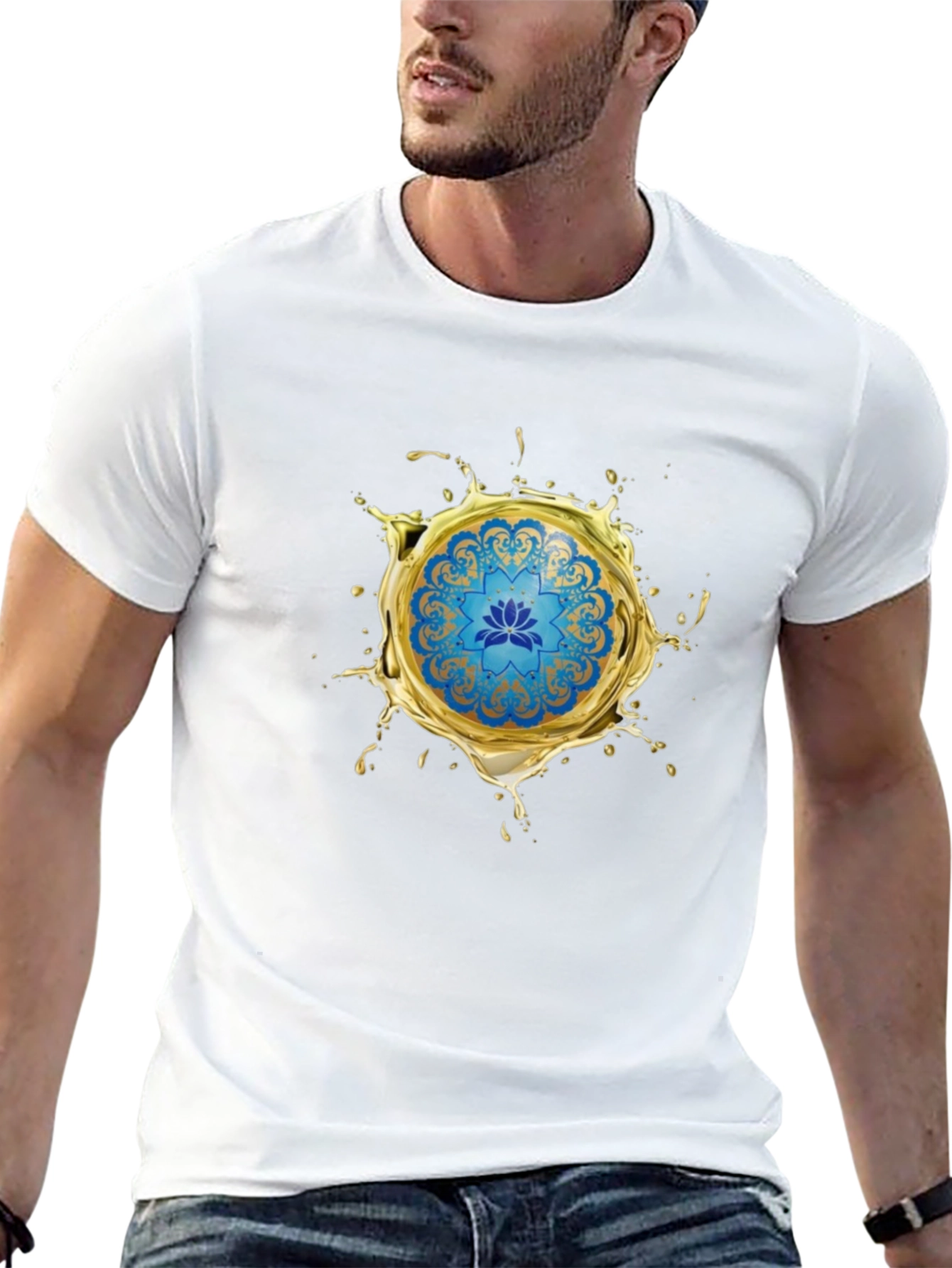 Blue Lotus Mandala Gold Splash Black T-Shirt